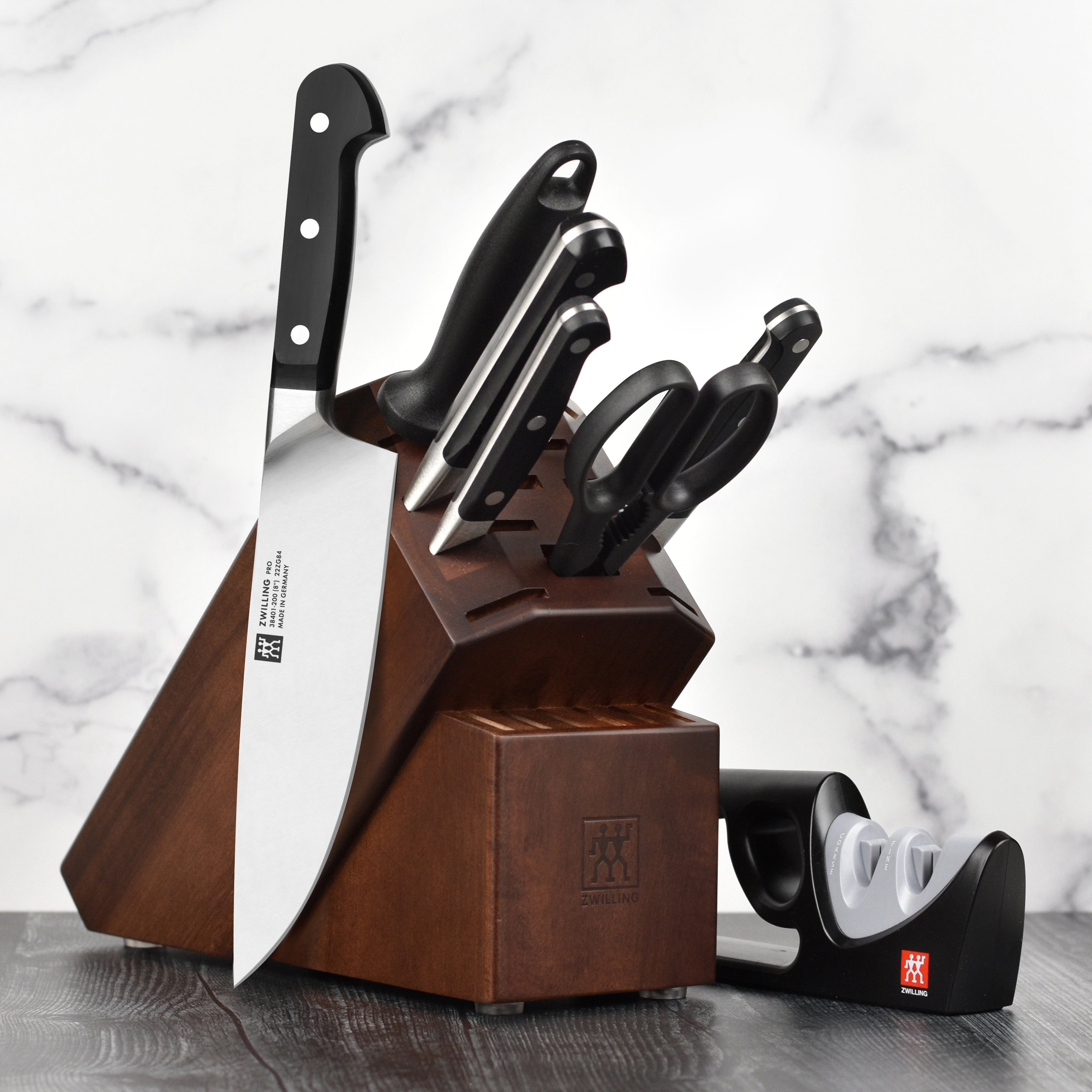 Close-up of Zwilling Pro Chef Knives in Acacia Knife Block Set highlighting the sharp blades.
