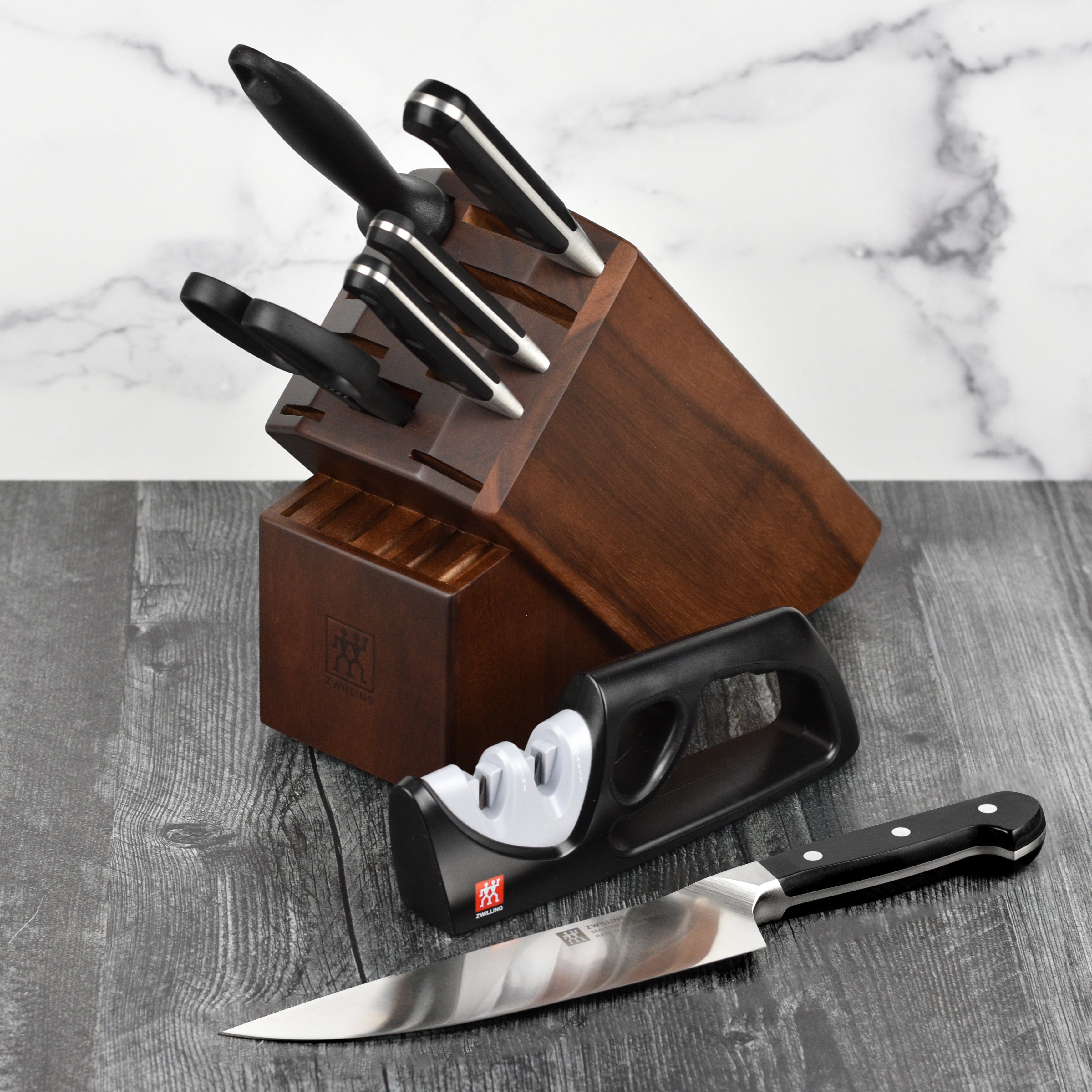 Side view of Zwilling Pro 7-Piece Knife Block Set with Bonus Sharpener, emphasizing the elegant design.