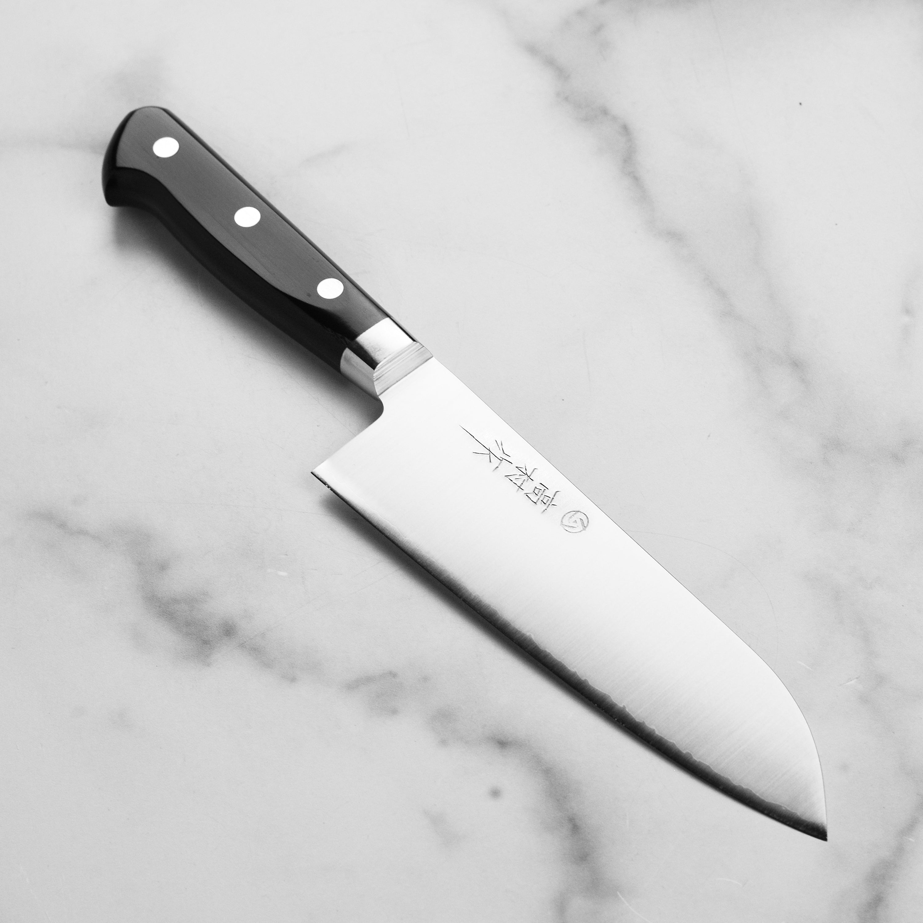 Takamura VG10 Santoku knife from above showcasing its sharp blade and ergonomic handle.