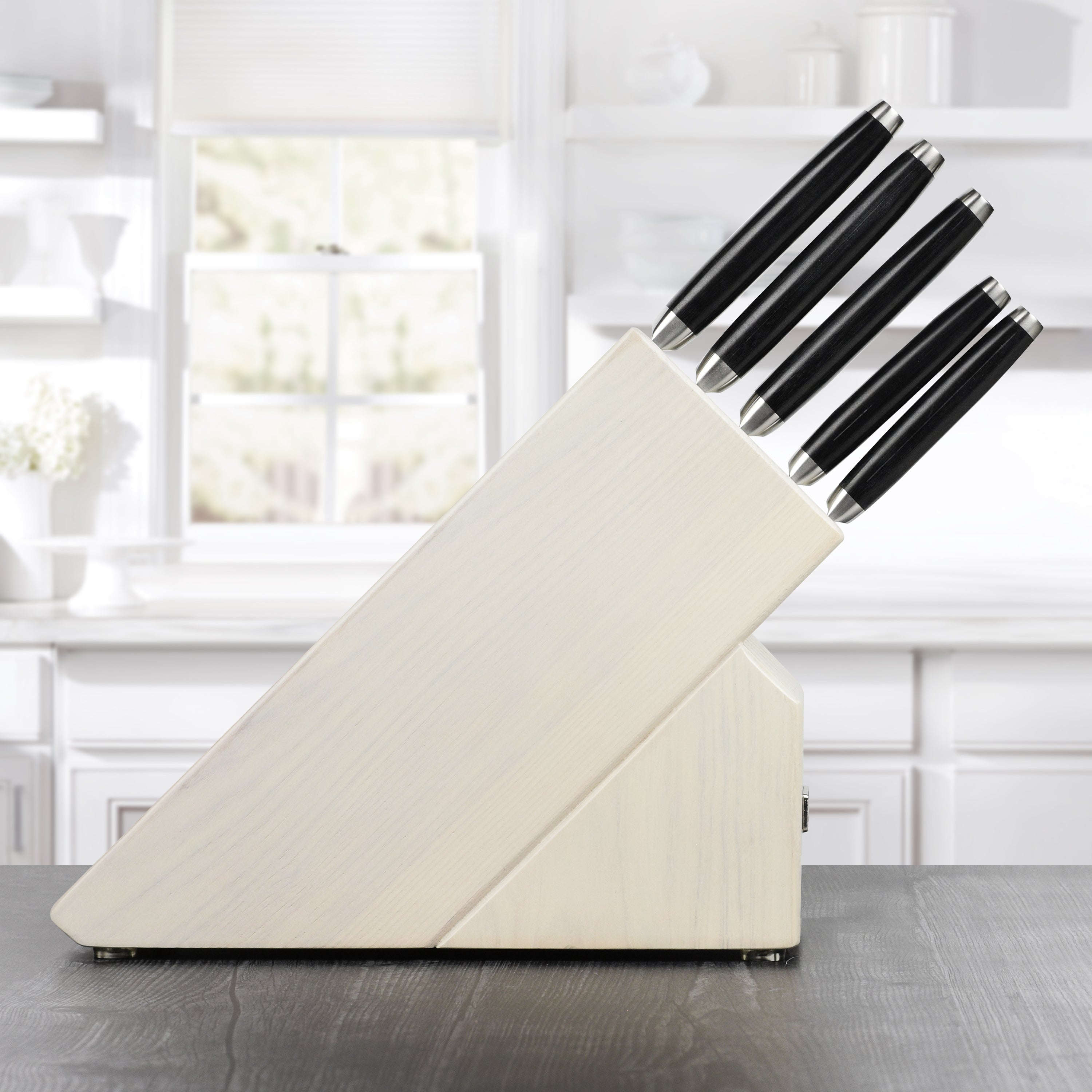 Full view of the knife block displaying the beautiful black canvas micarta and stainless steel accents.