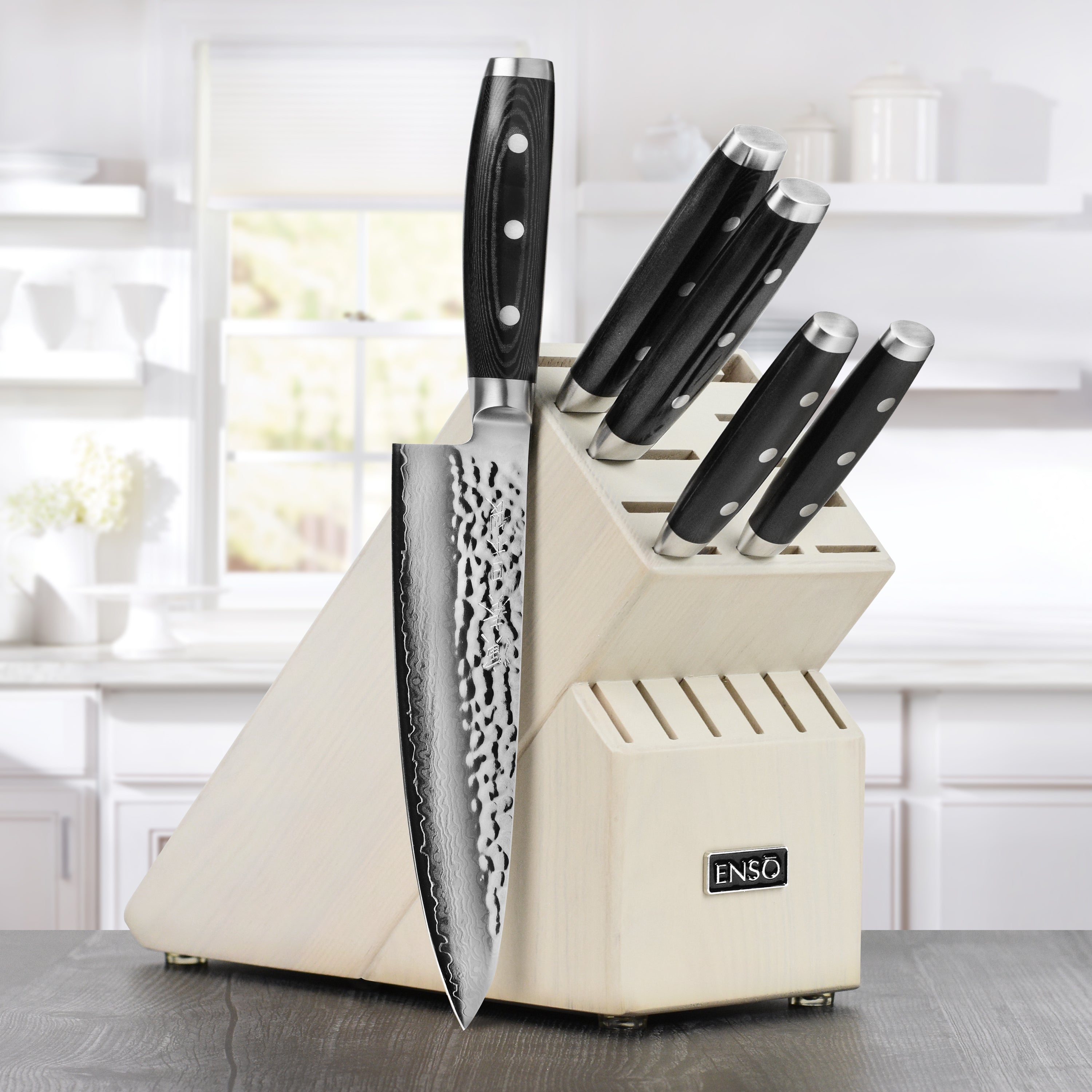 Seki Artisan 6-Piece Damascus knife block set showcasing the elegant design and craftsmanship.