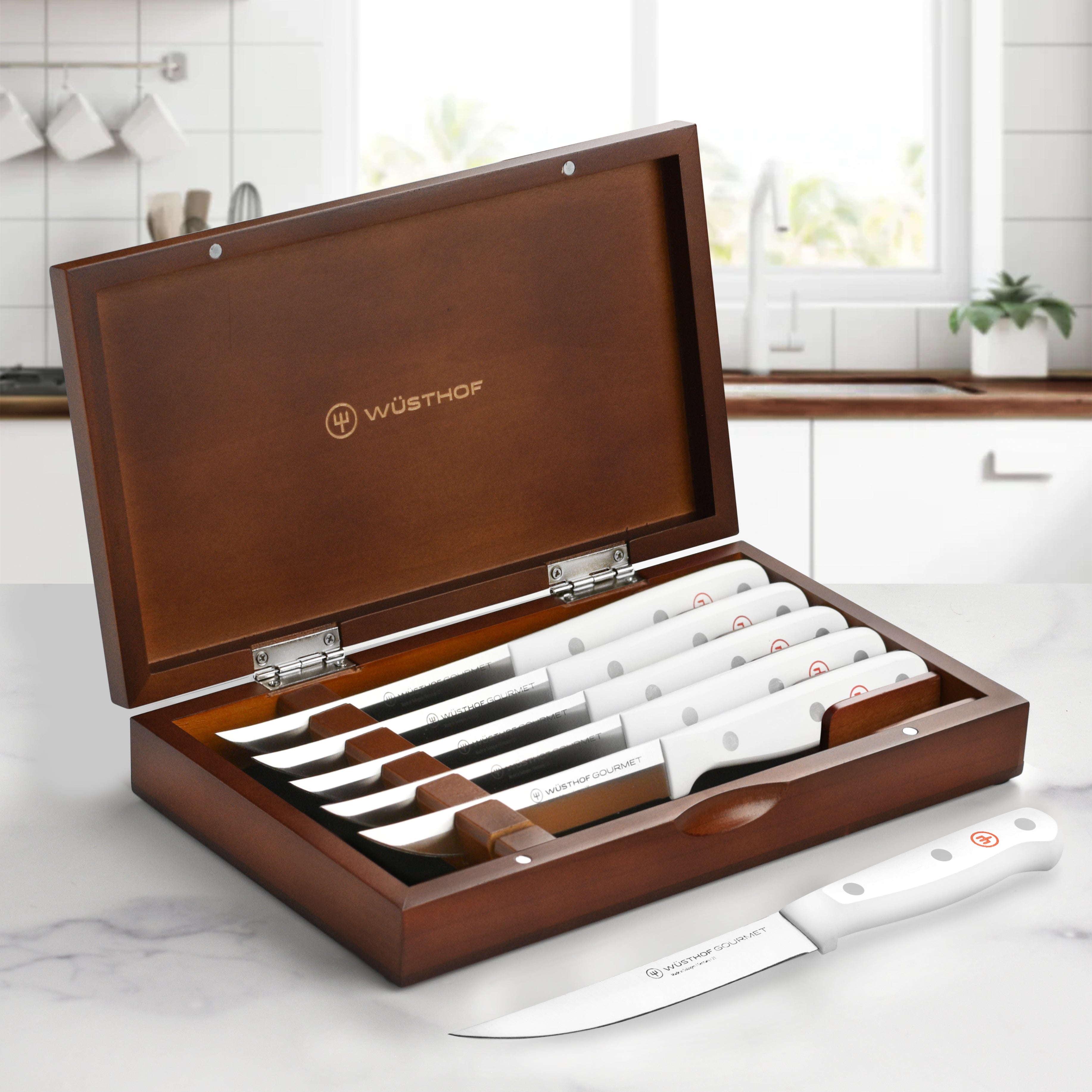 Set of Wusthof gourmet steak knives with case on a dining table