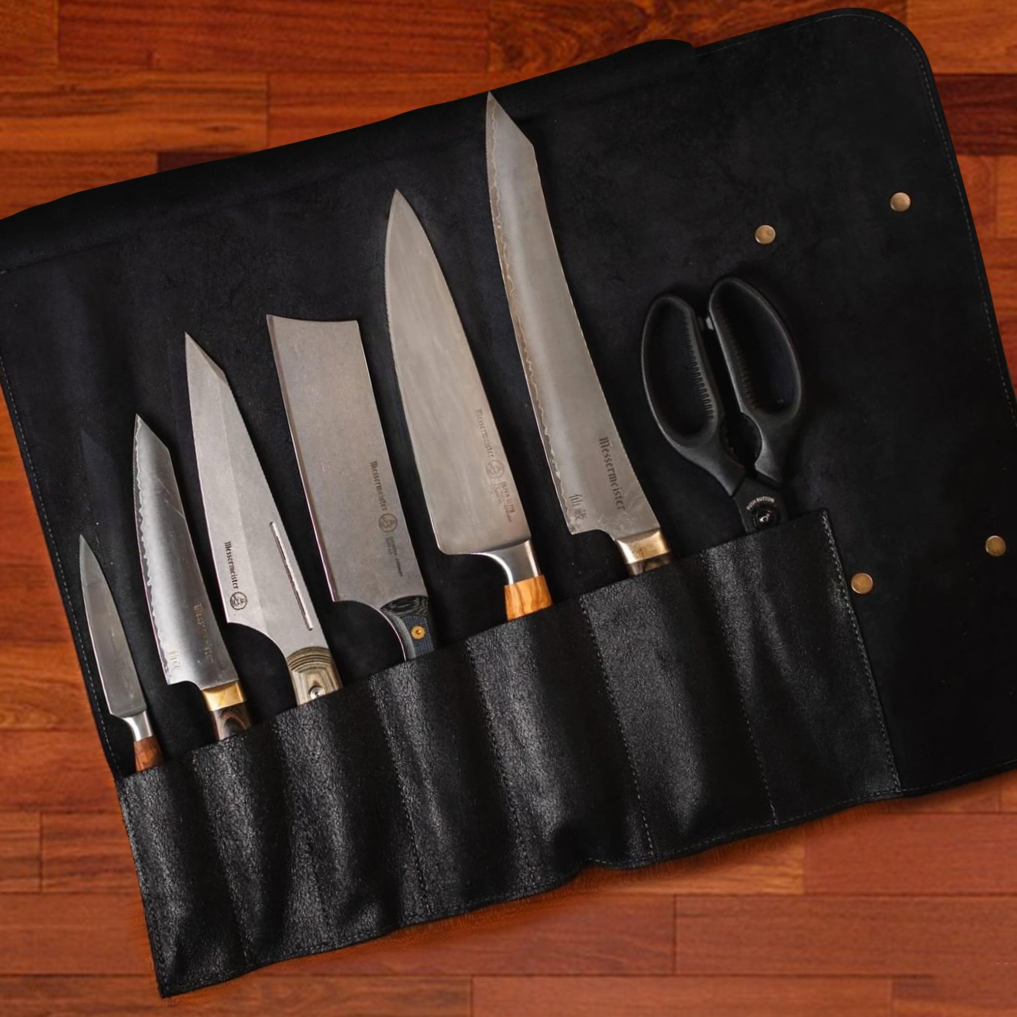 Close-up of the handmade leather knife roll, highlighting the craftsmanship and durability.