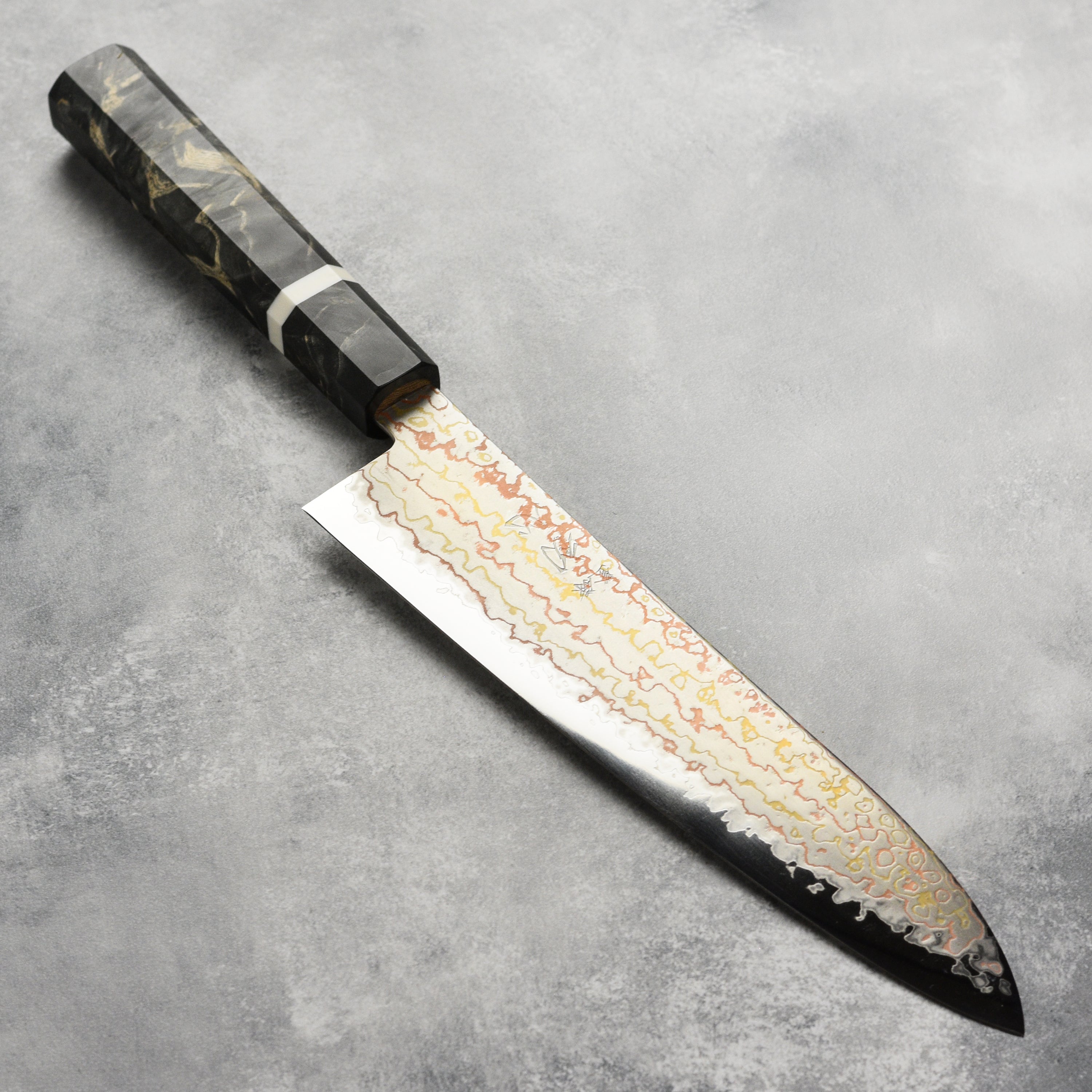 Hatsukokoro Hayabusa rainbow Damascus gyuto knife with detailed blade pattern