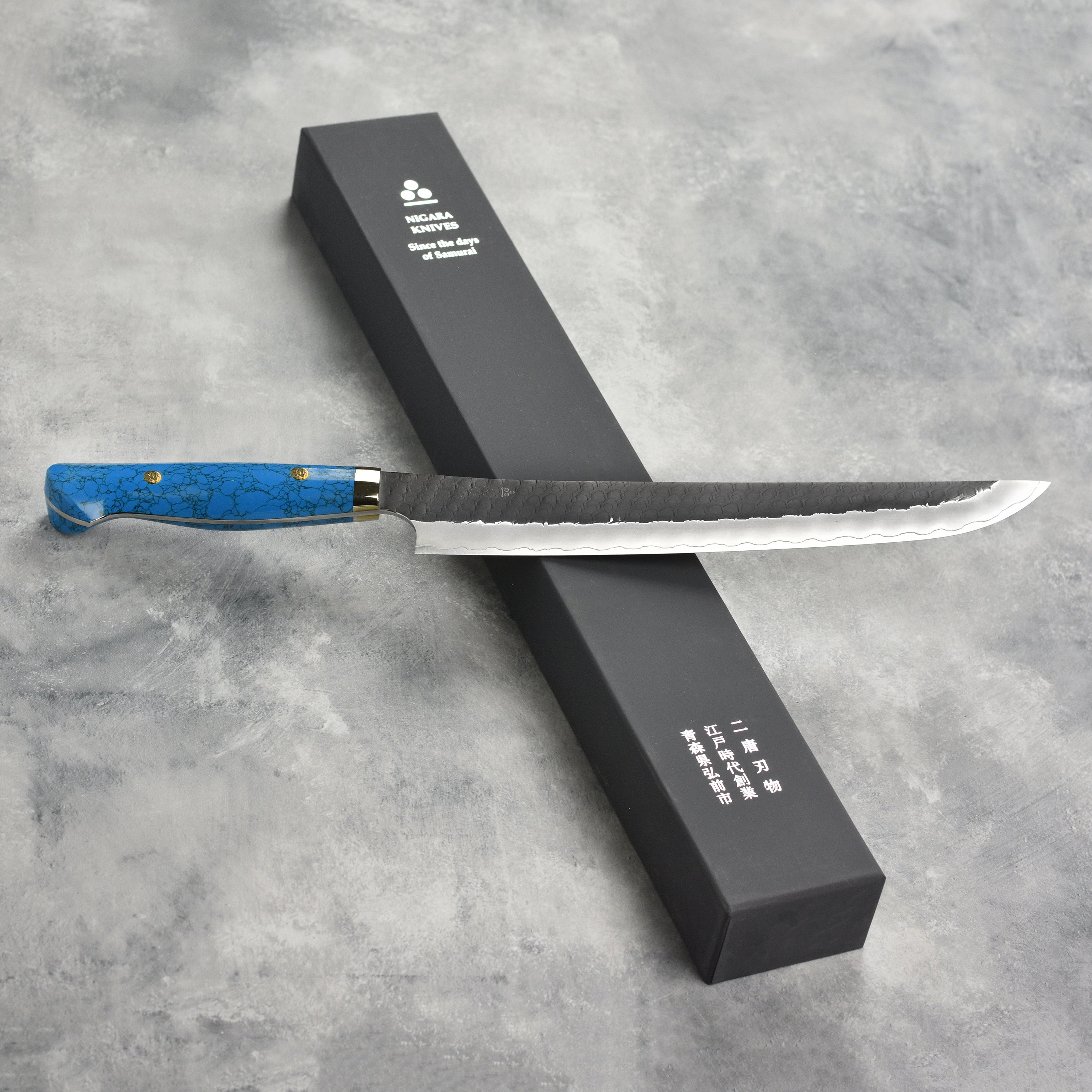 Nigara SG2 Kurouchi Tsuchime sujihiki blade with traditional Japanese finish