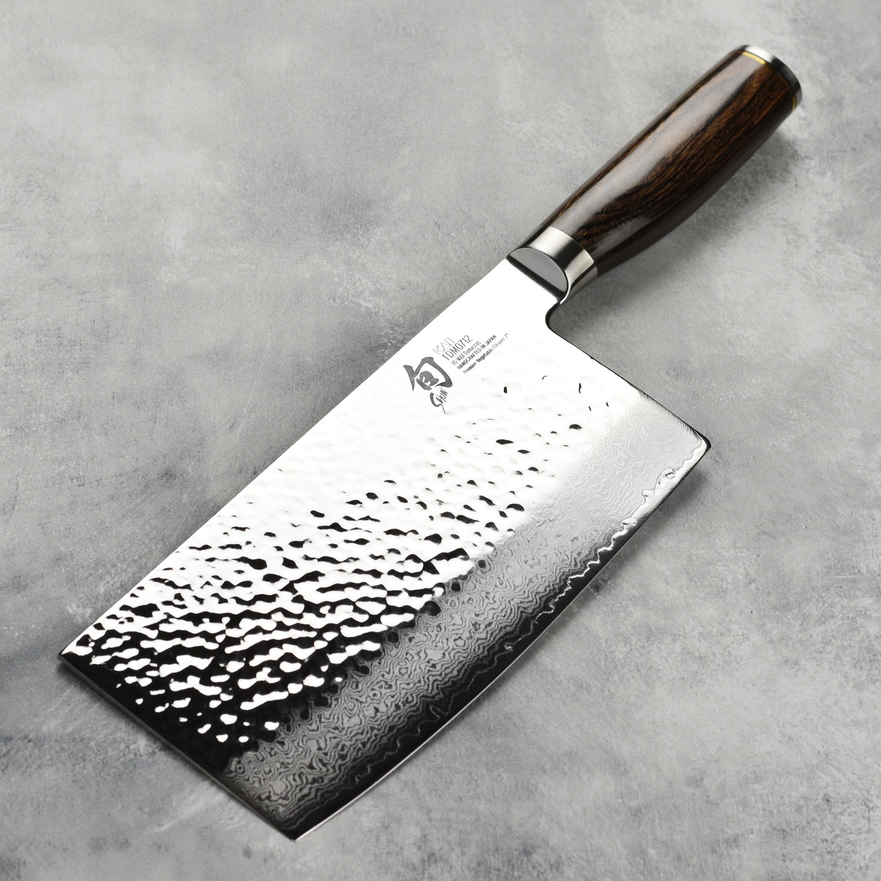 Close-up of Shun Premier 7 inch cleaver blade showing Damascus steel layers