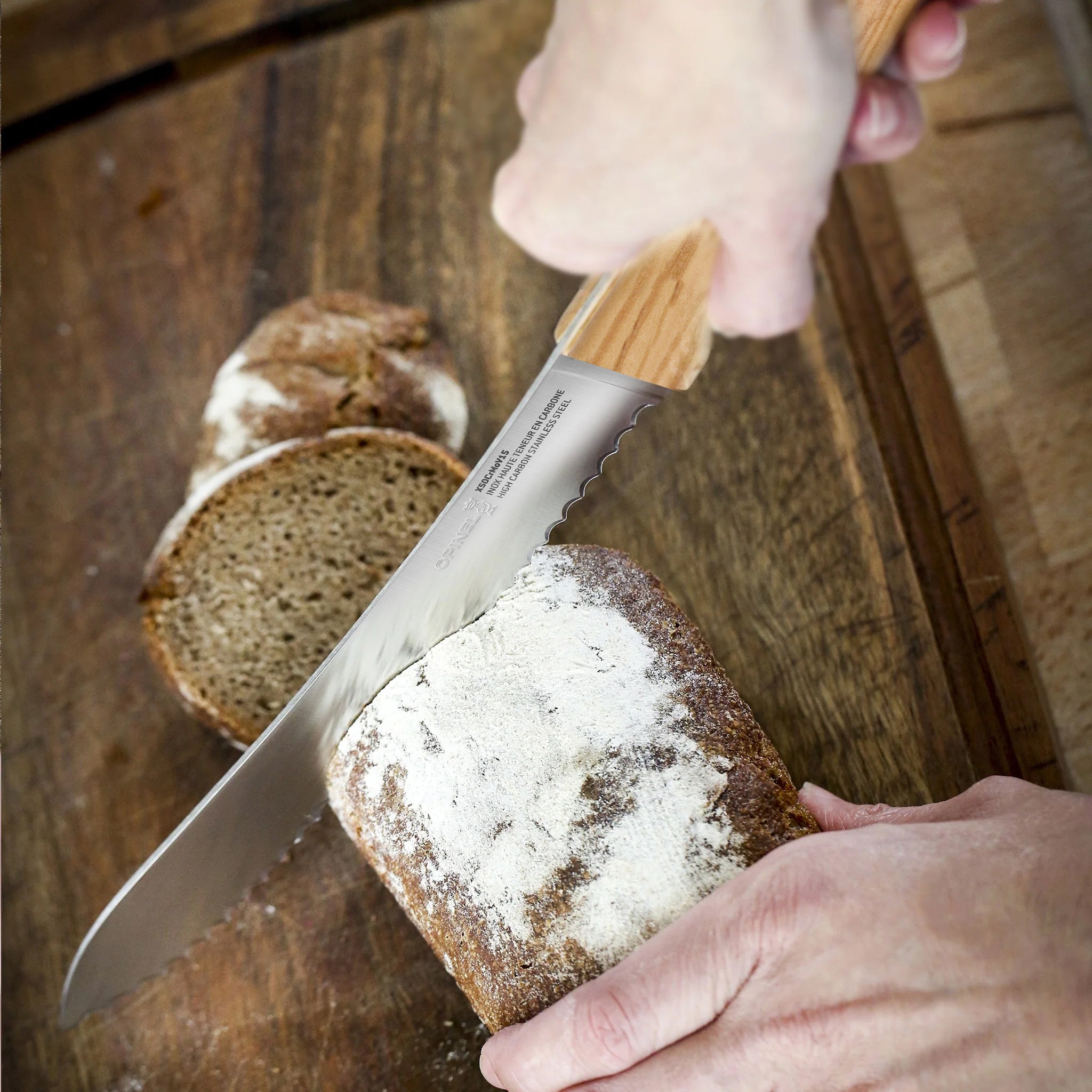 Close-up of the serrated blade on the Opinel Parallele bread knife