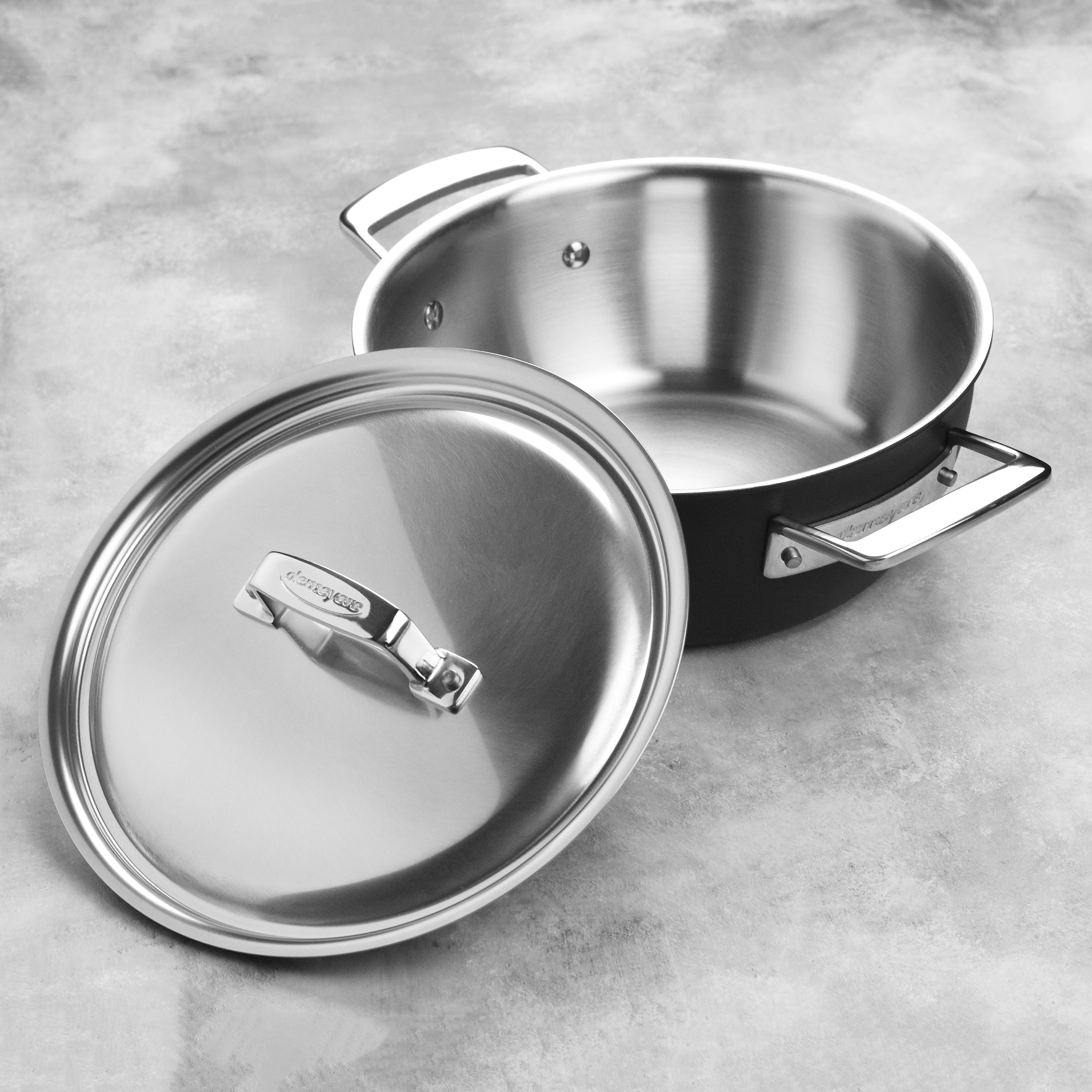 Side view of the Dutch oven with handles, demonstrating its durability and sleek design for outdoor and indoor use.