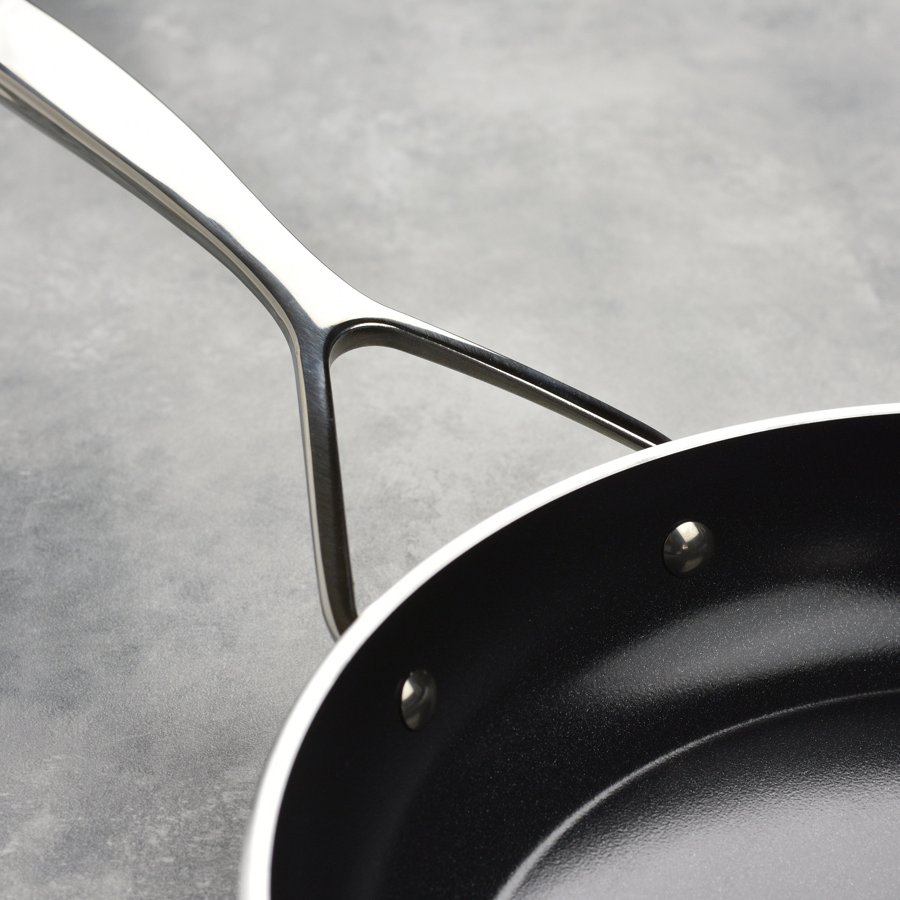 Close-up of Demeyere AluPro 12-inch ceramic nonstick fry pan with even heat distribution