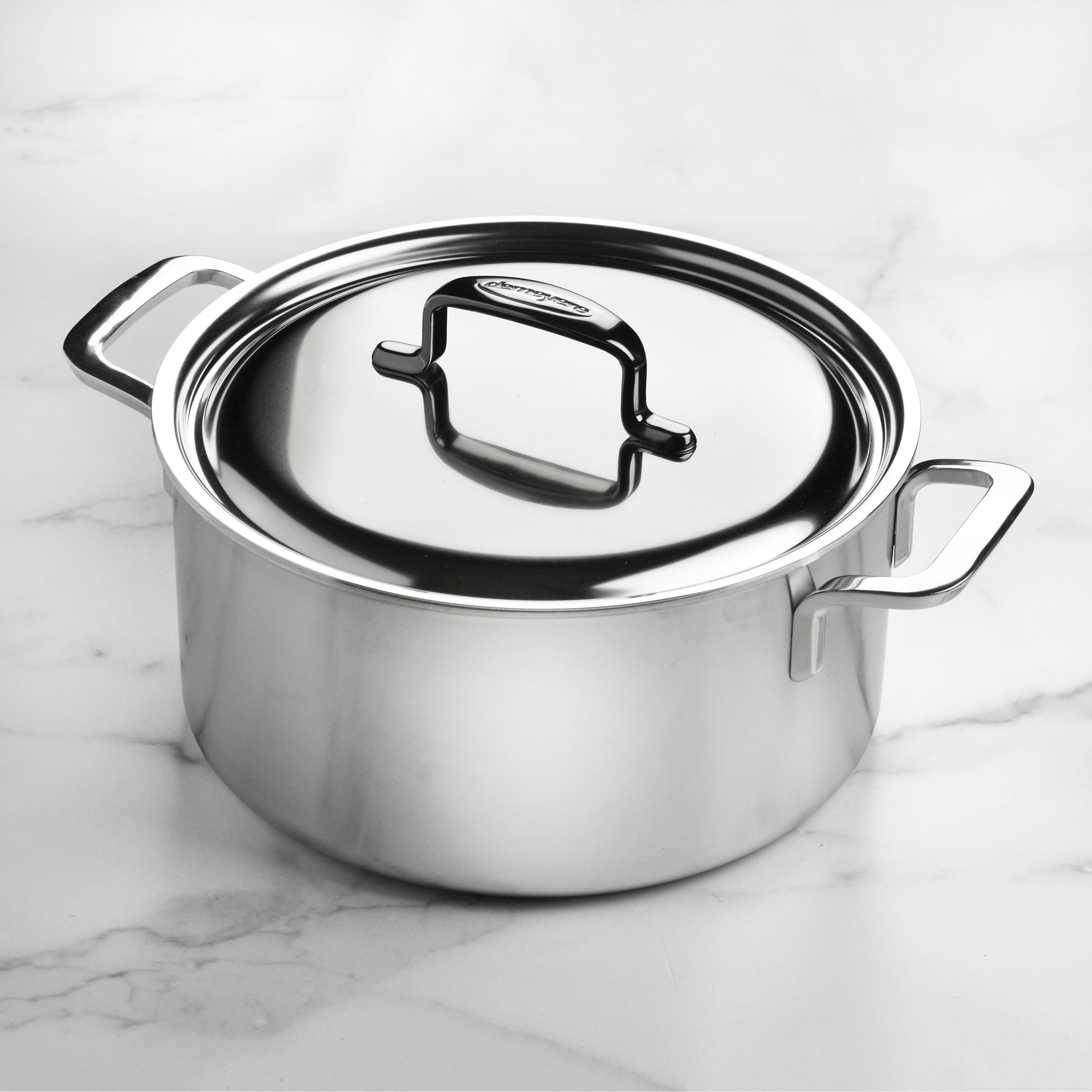 Demeyere 5-Plus 9-Quart Stainless Steel Dutch Oven showcasing its sleek design and durable construction.