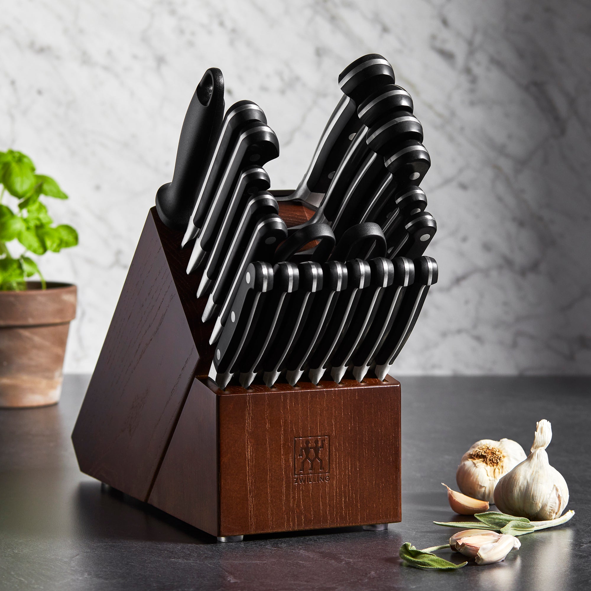 Complete display of the Zwilling Pro knife block set including all 22 pieces arranged beautifully.