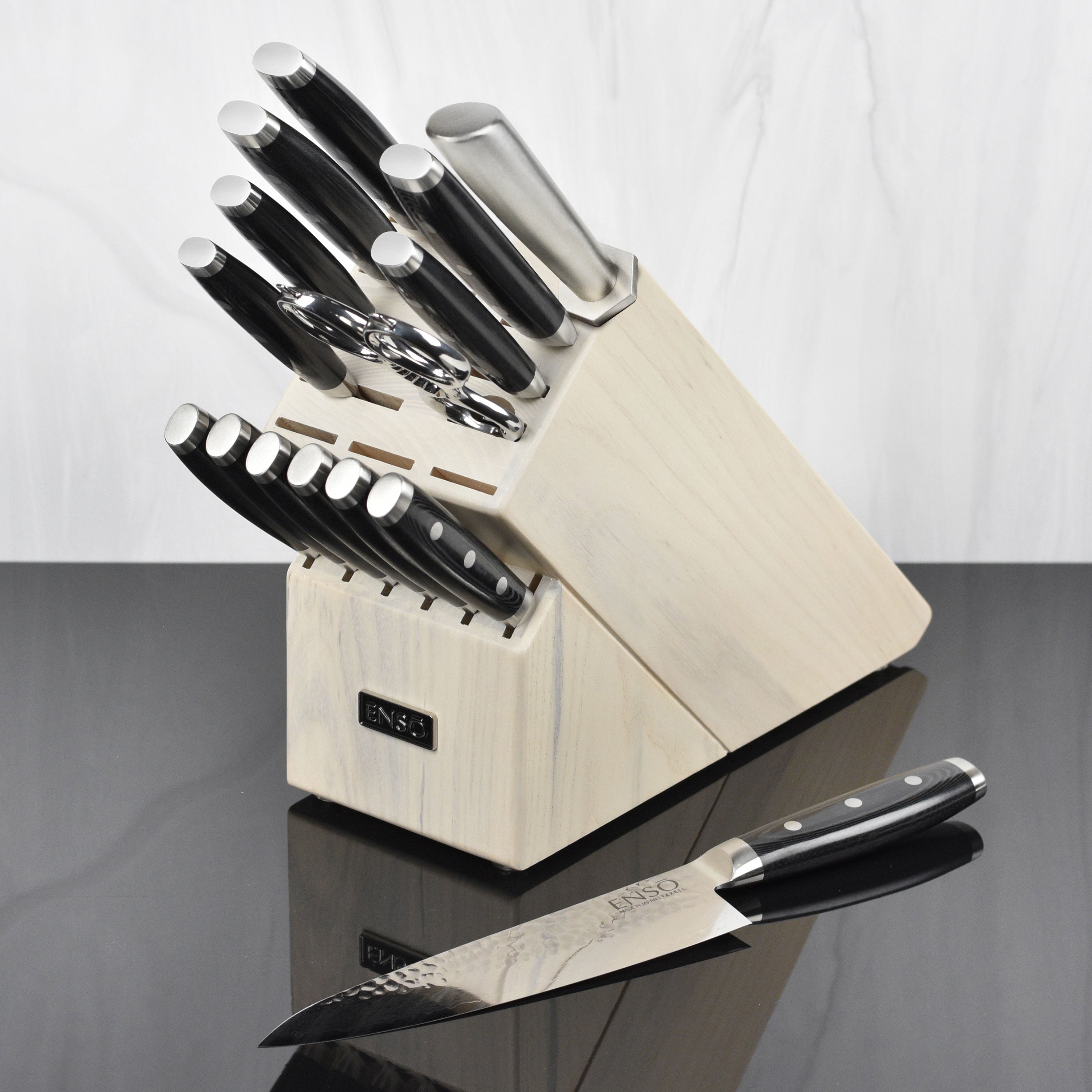 Full view of Enso HD Damascus knife block set on kitchen countertop
