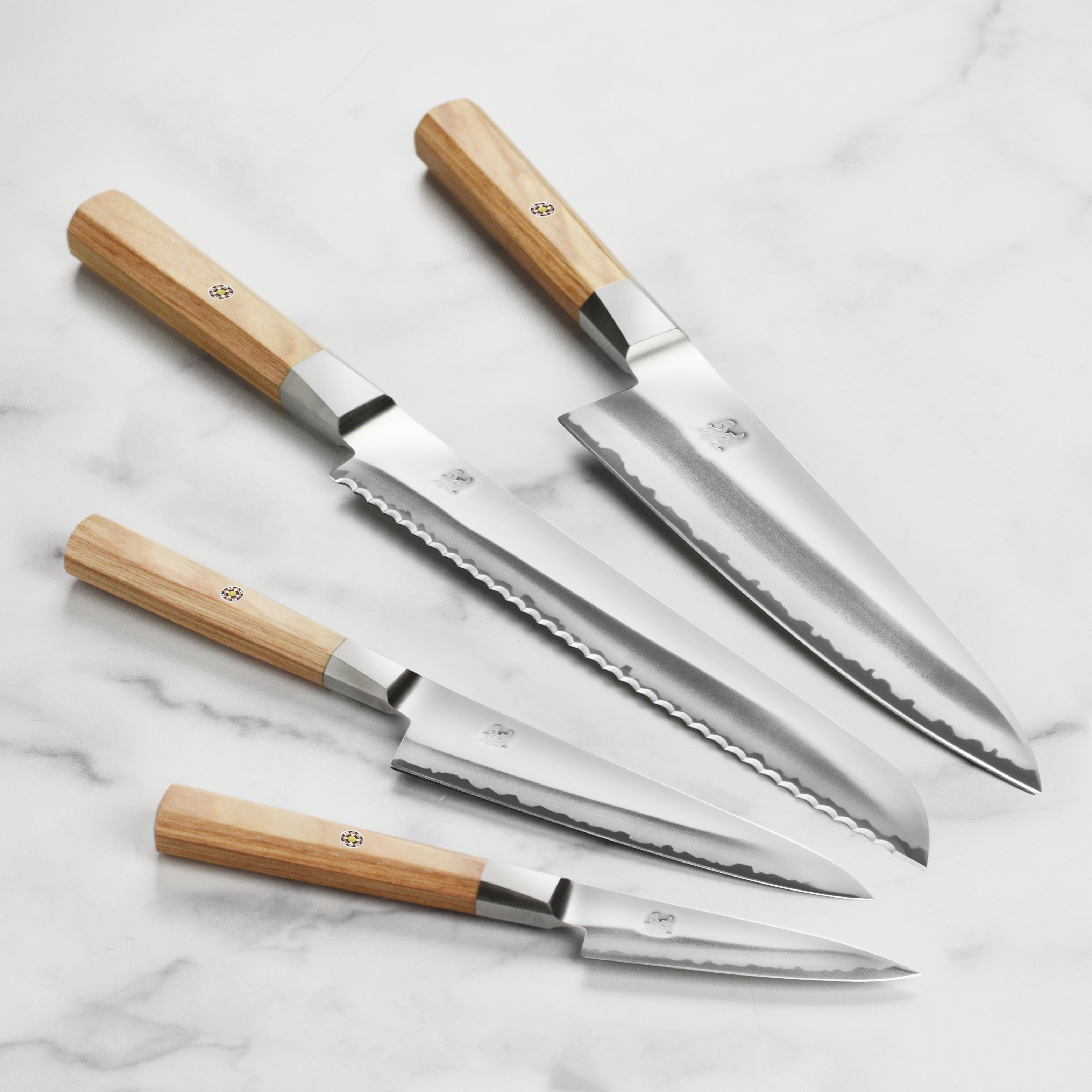 Detailed view of hand-honed Miyabi blades with Katana edge for sharpness