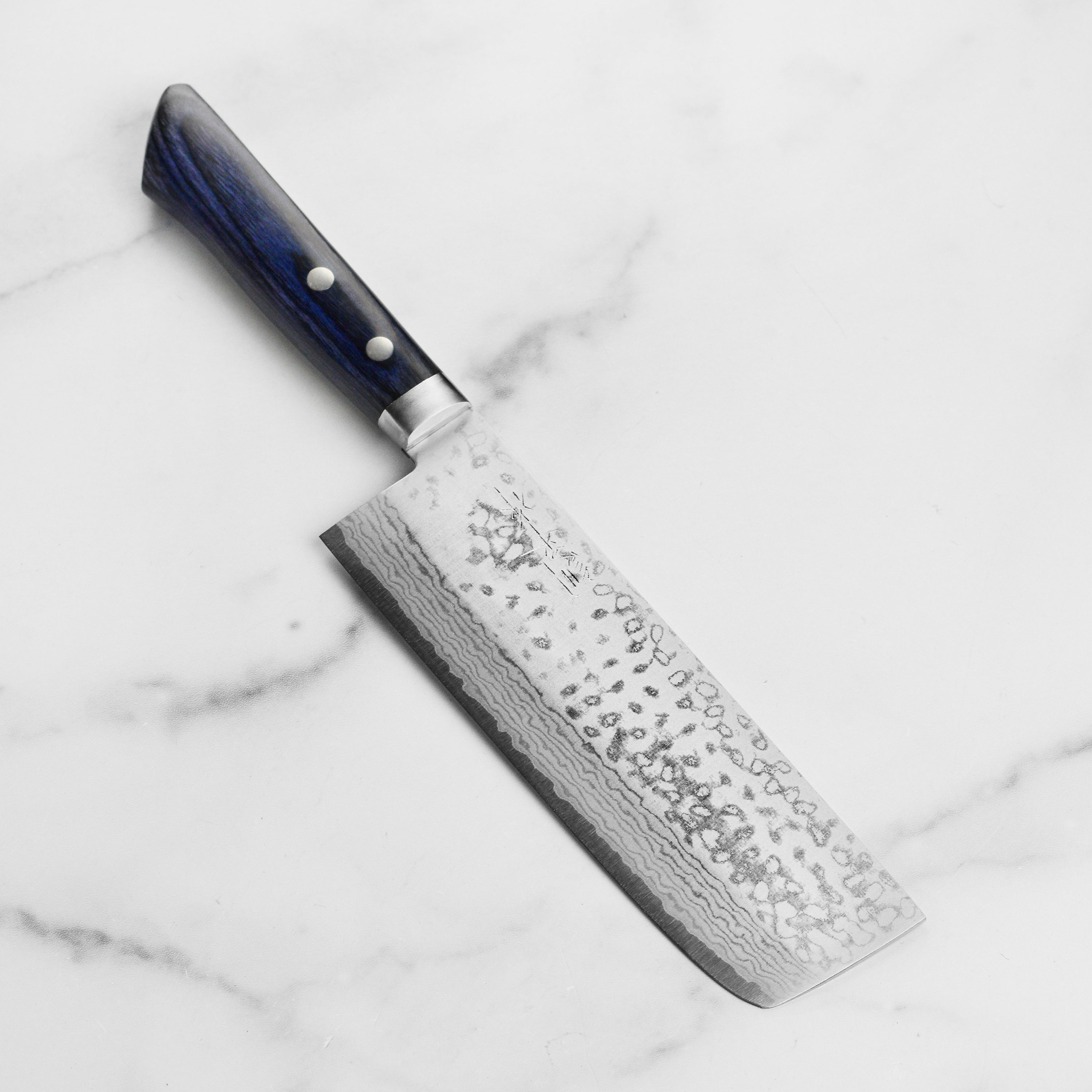 Masutani VG10 Damascus Nakiri knife with blue handle, detailed view