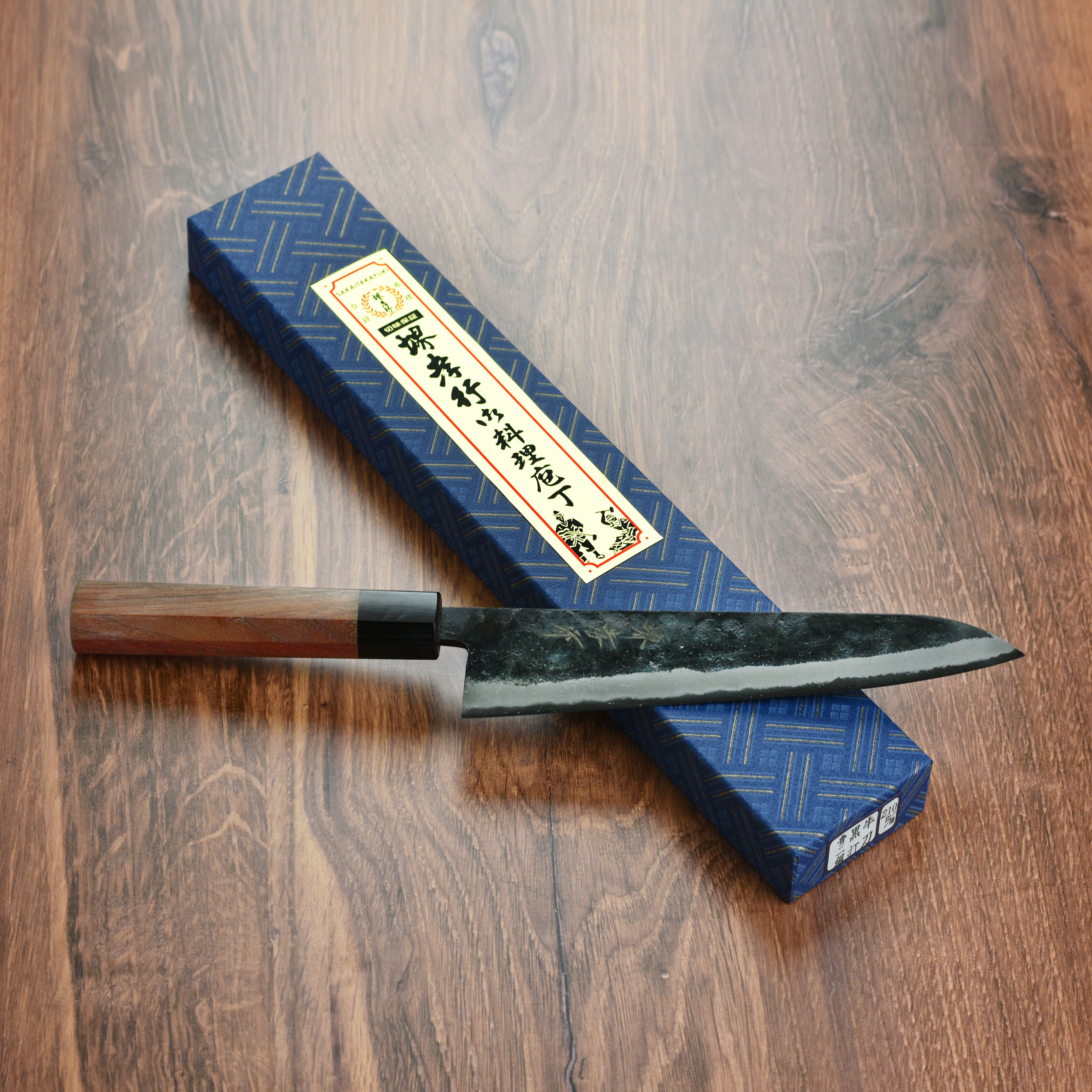 Handmade Takayuki Aogami Gyuto in Sakai, Japan, showcasing traditional craftsmanship