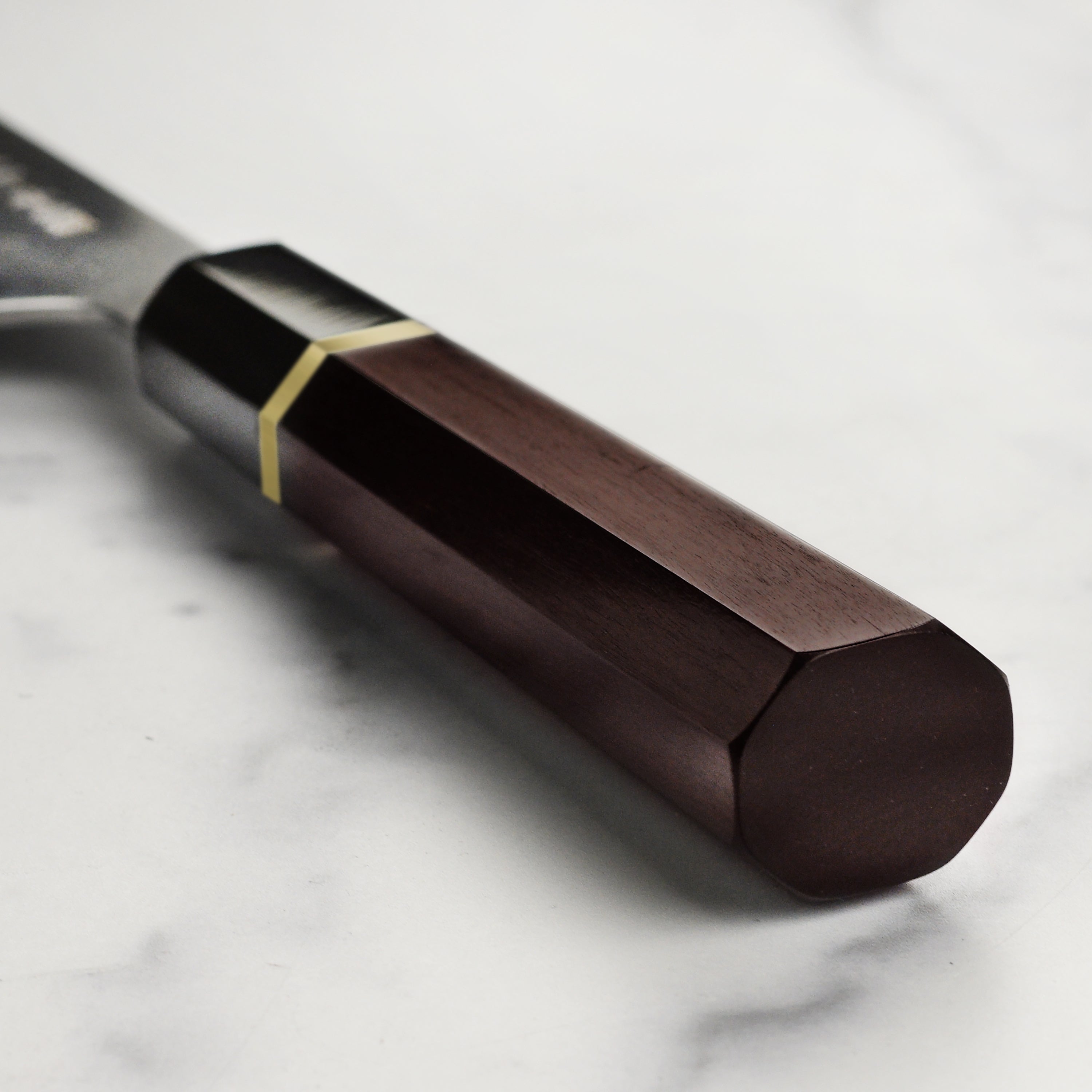 Close-up of the Aogami #2 Gyuto Chef Knifes Kengata tip and matte finish highlighting craftsmanship.