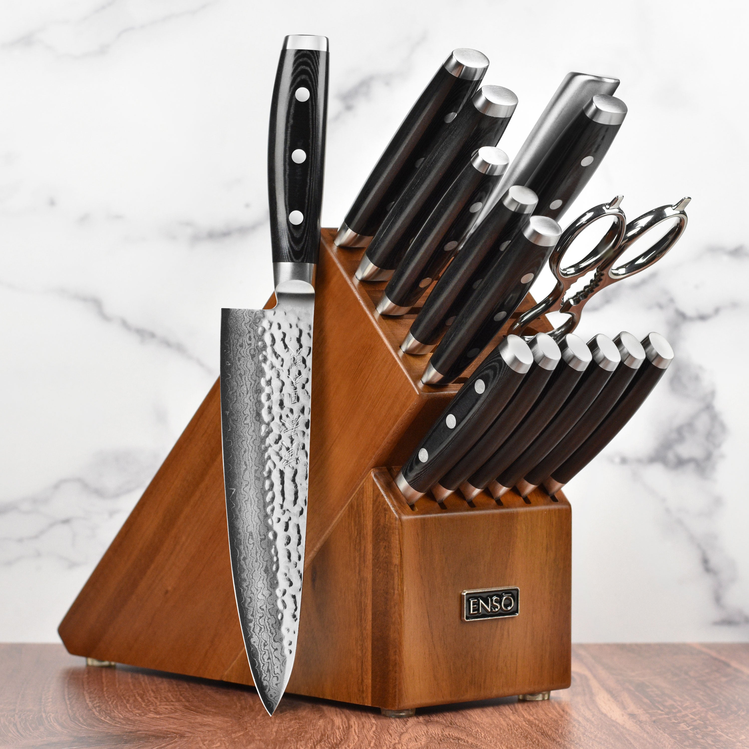 Close-up of the Seki Master knife block showcasing the beautiful Damascus steel blades.