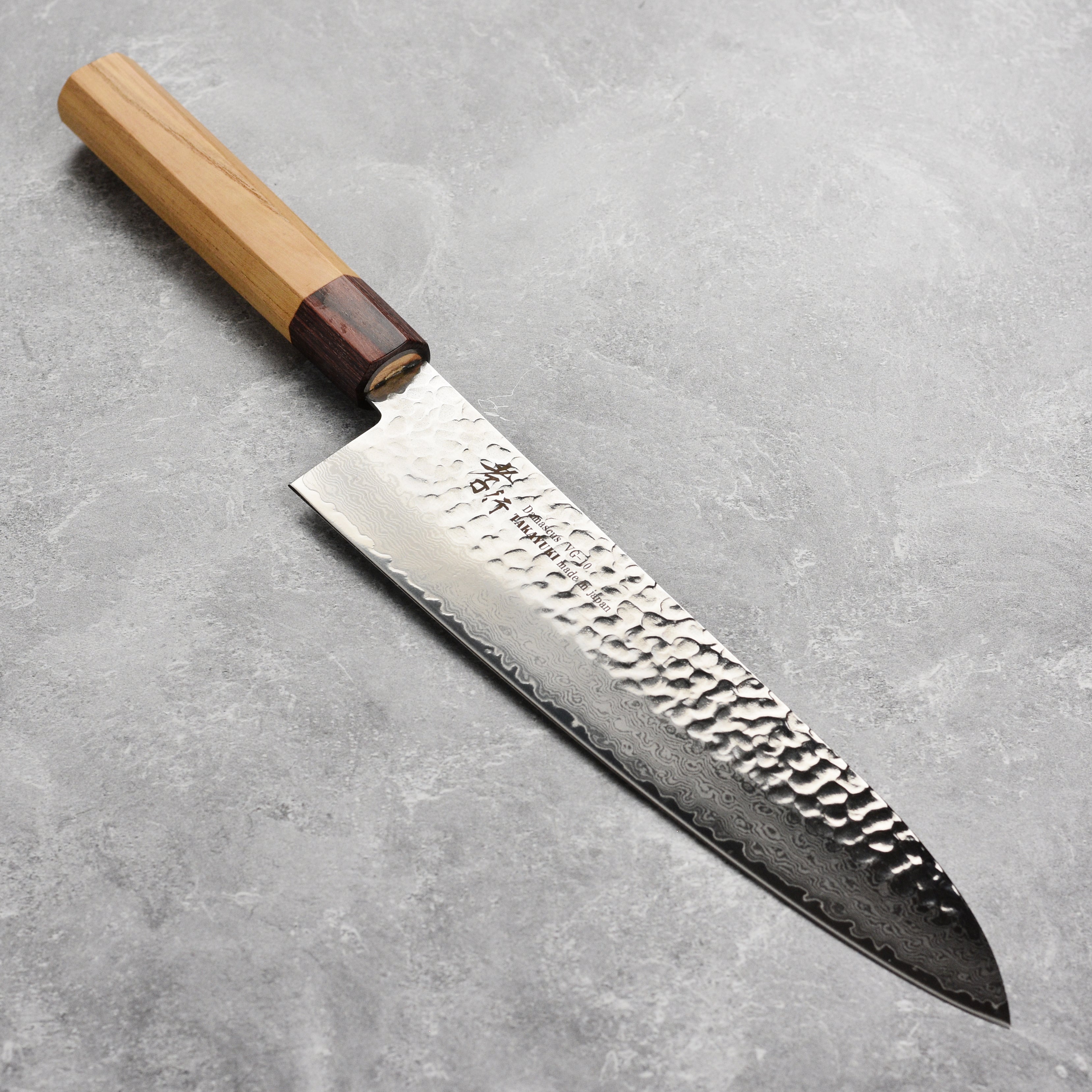 Takayuki Damascus gyuto knife with hammered damascus finish and octagonal handle, ideal for professional chefs