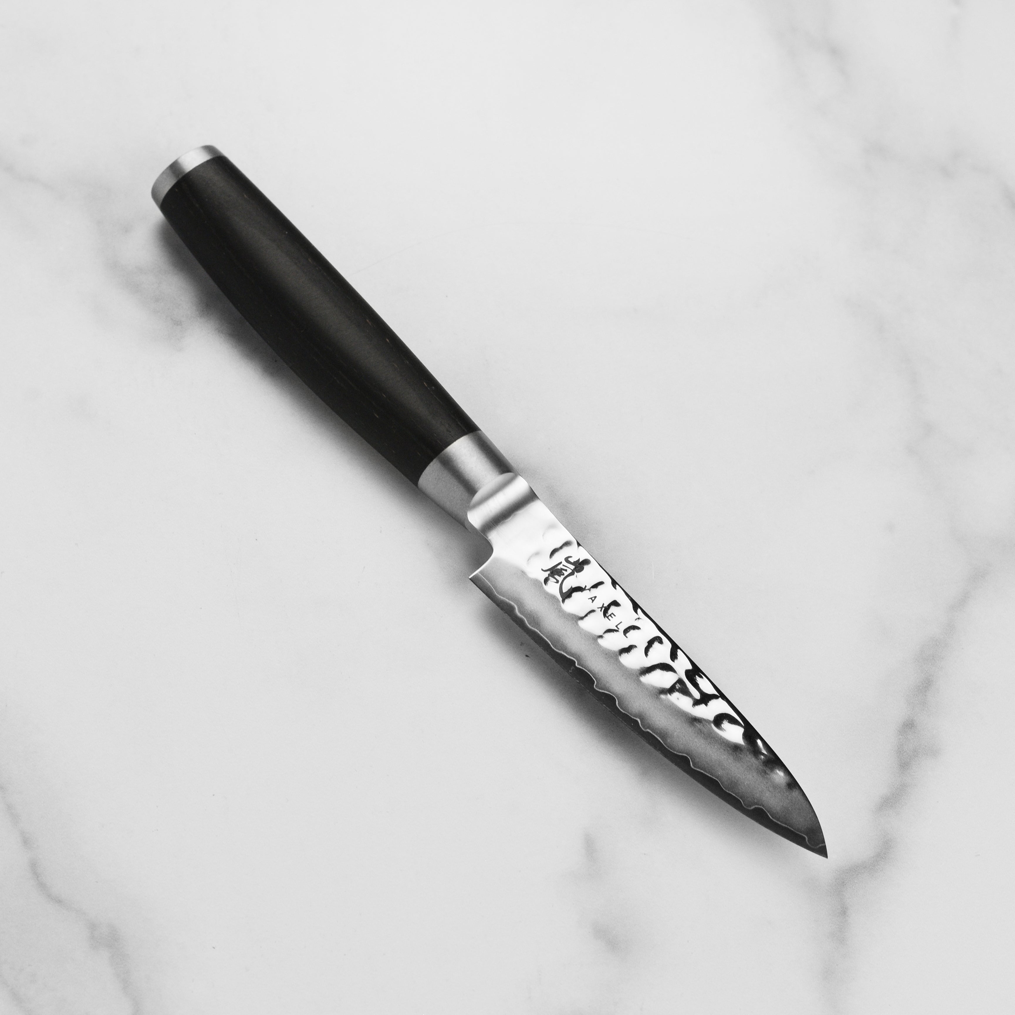 Close-up of Yaxell Taishi paring knife blade highlighting the hammered finish and Katana wave line.
