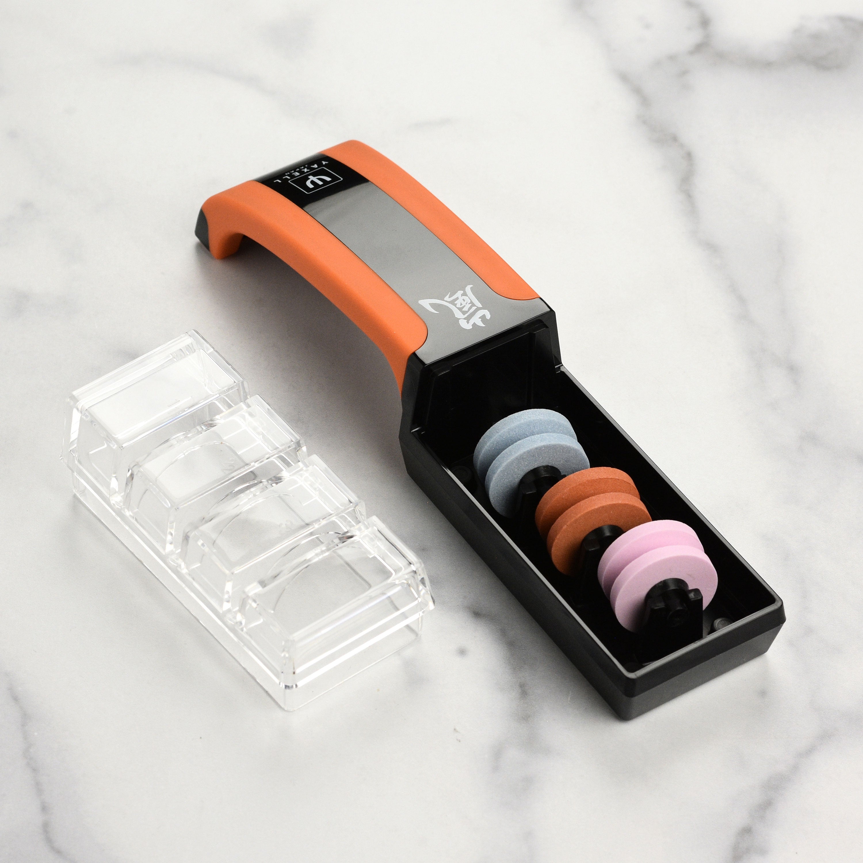 Compact design of the Yaxell knife sharpener on a kitchen counter