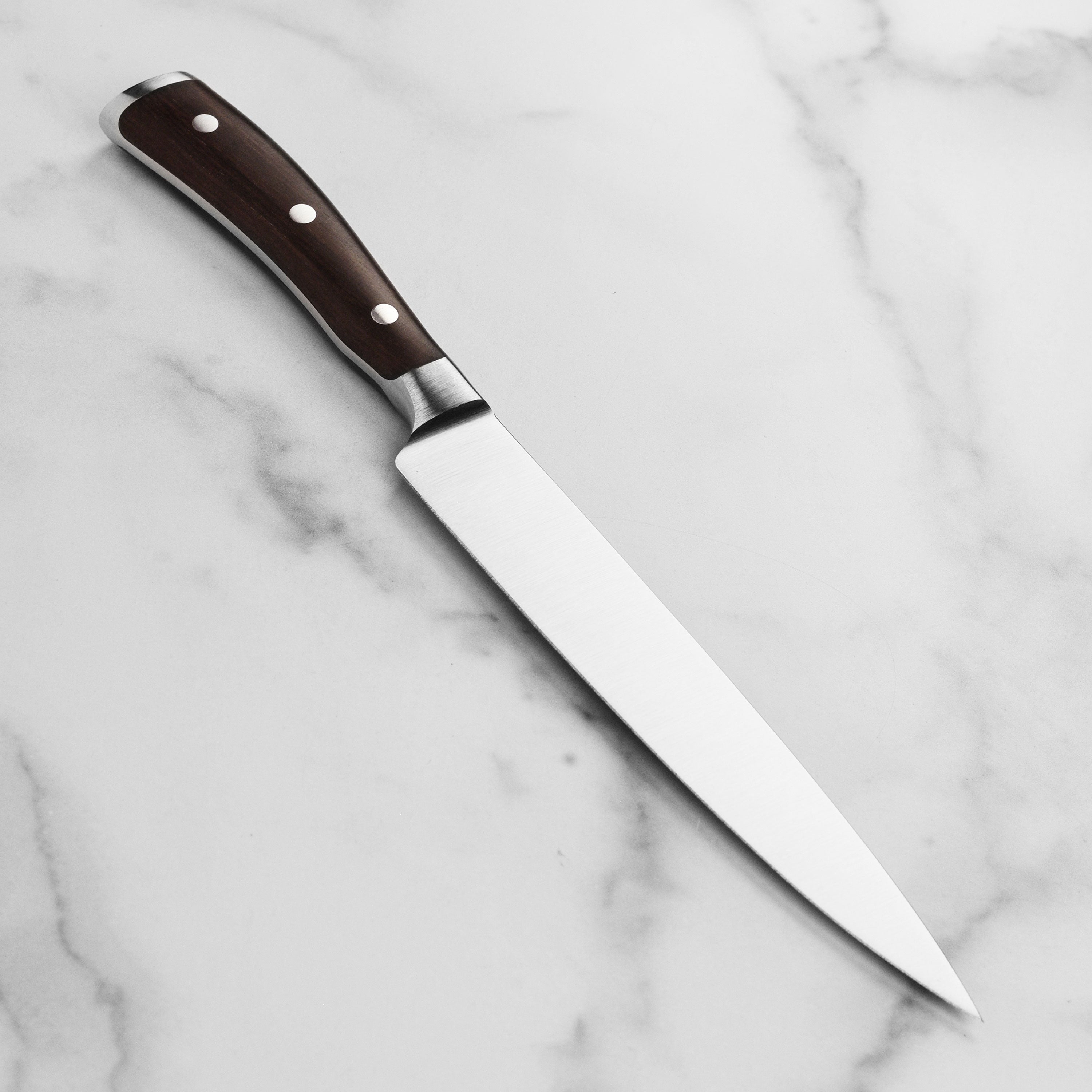 Detailed view of the 8-inch high-carbon stainless steel blade