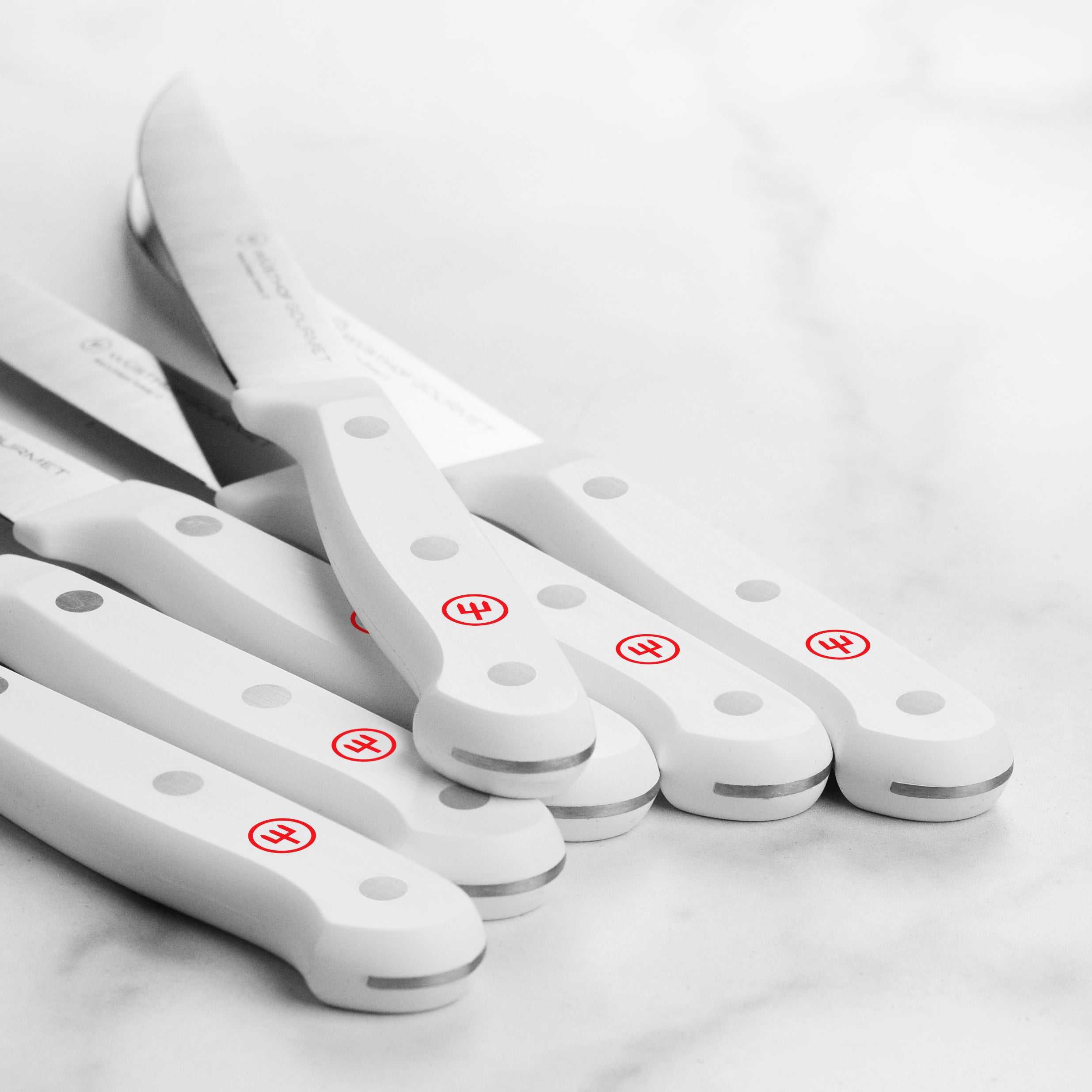 Set of Wusthof gourmet steak knives with case on a dining table