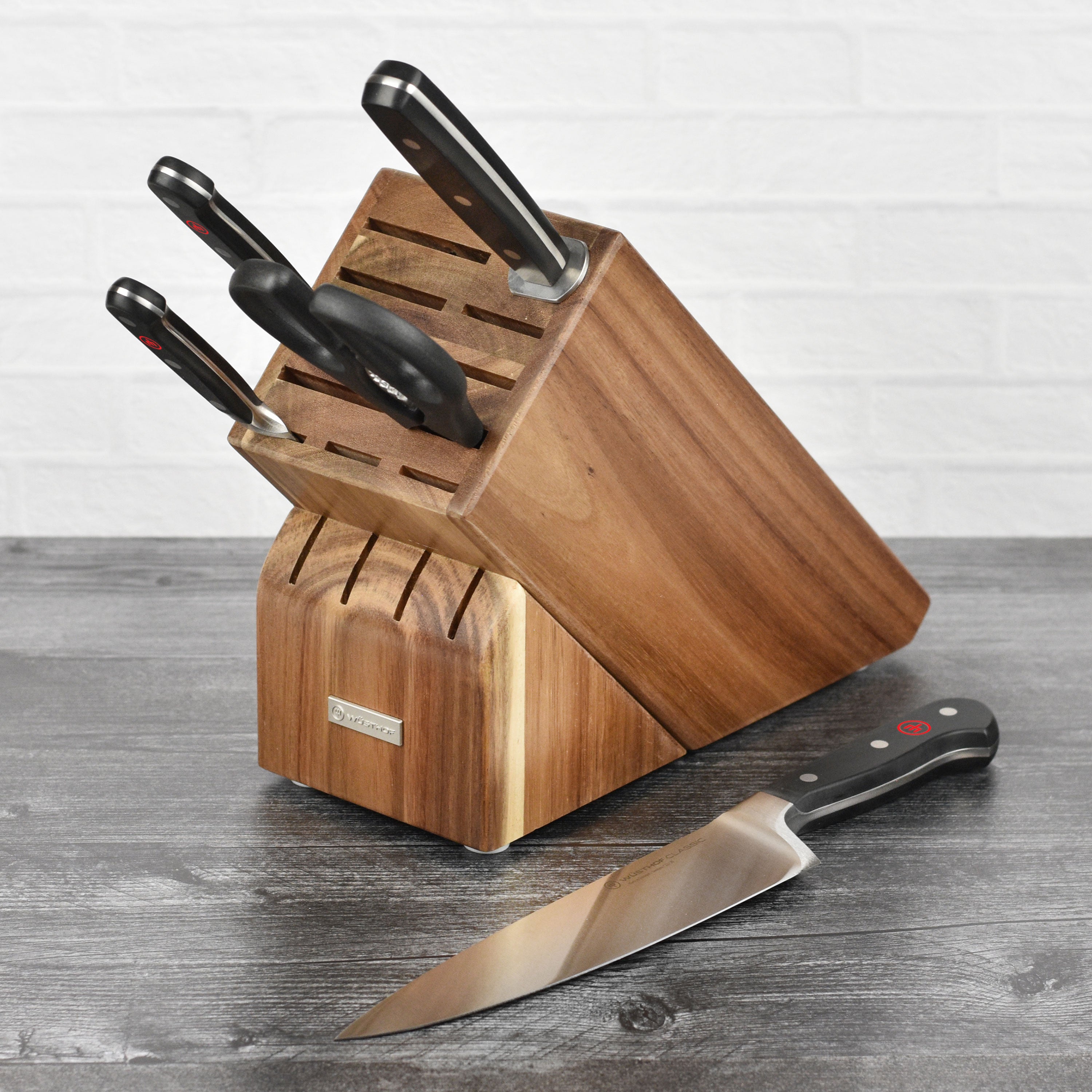 Detailed view of the handle and blade of a Wusthof kitchen knife for professional chefs