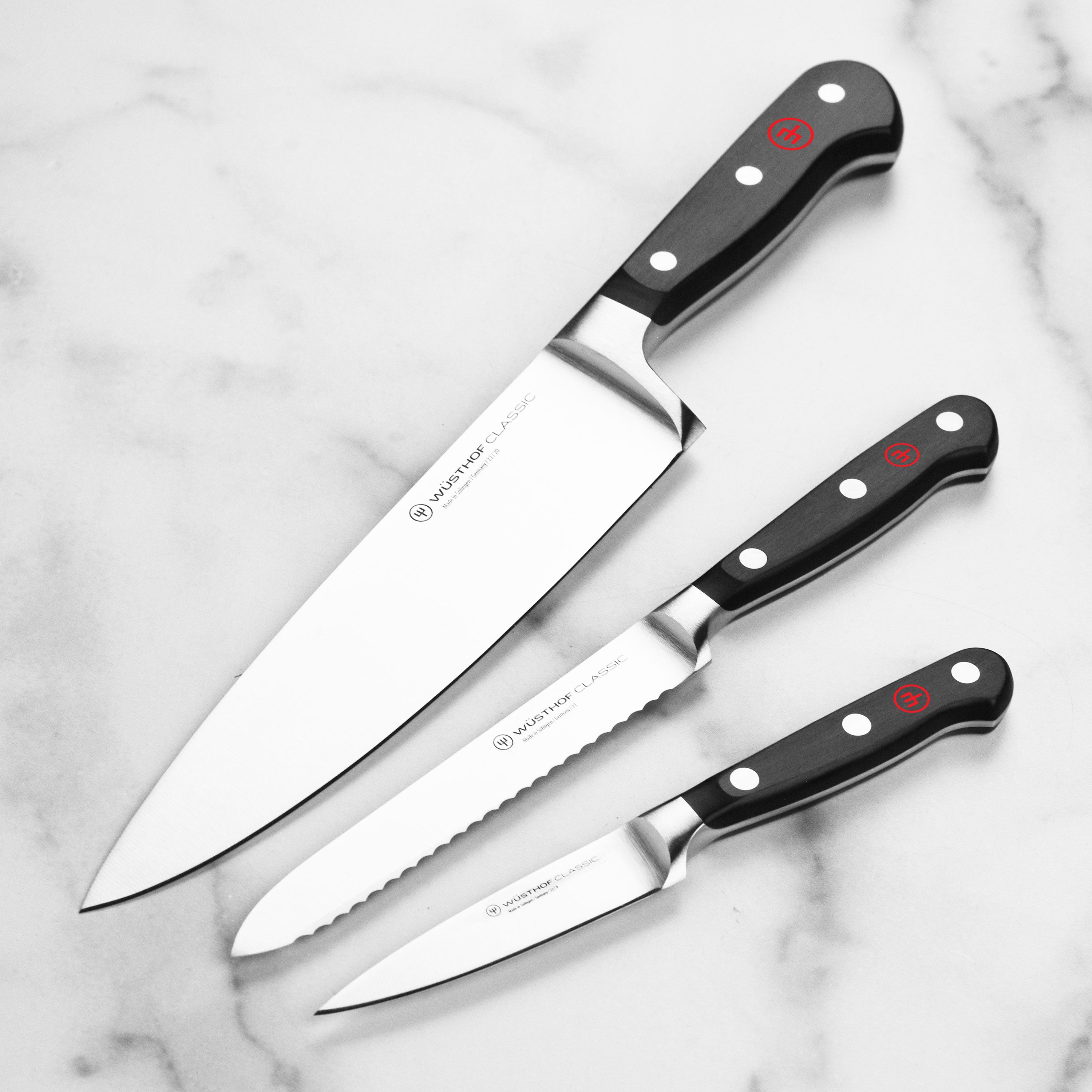 Wusthof knife block set with six high-quality knives displayed on a countertop