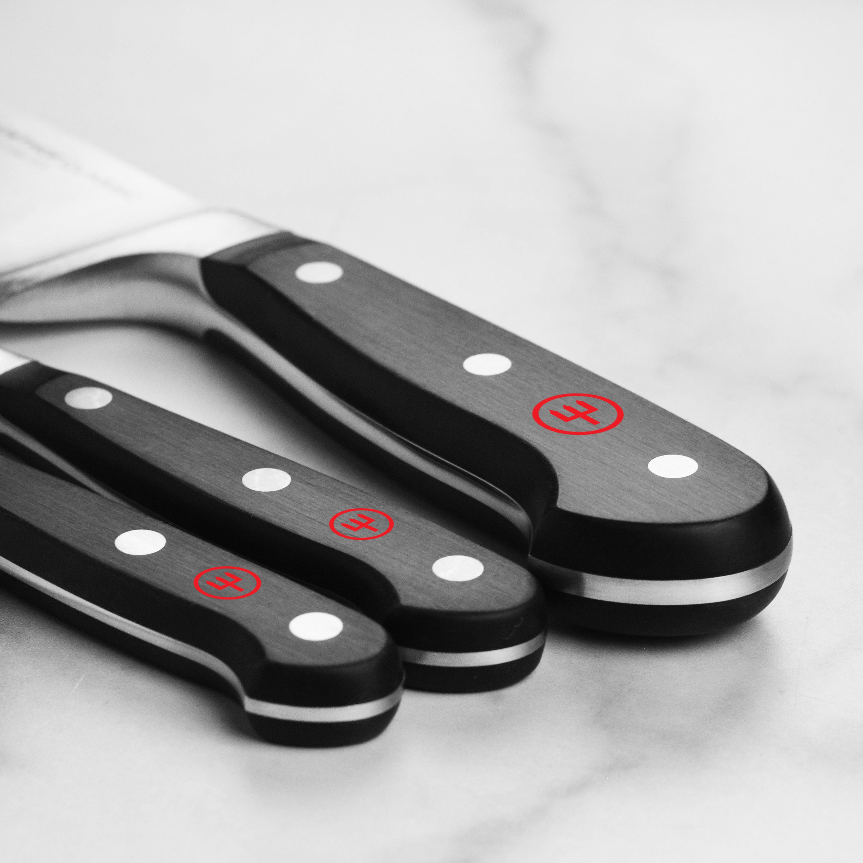 Wusthof knife block set with six high-quality knives displayed on a countertop