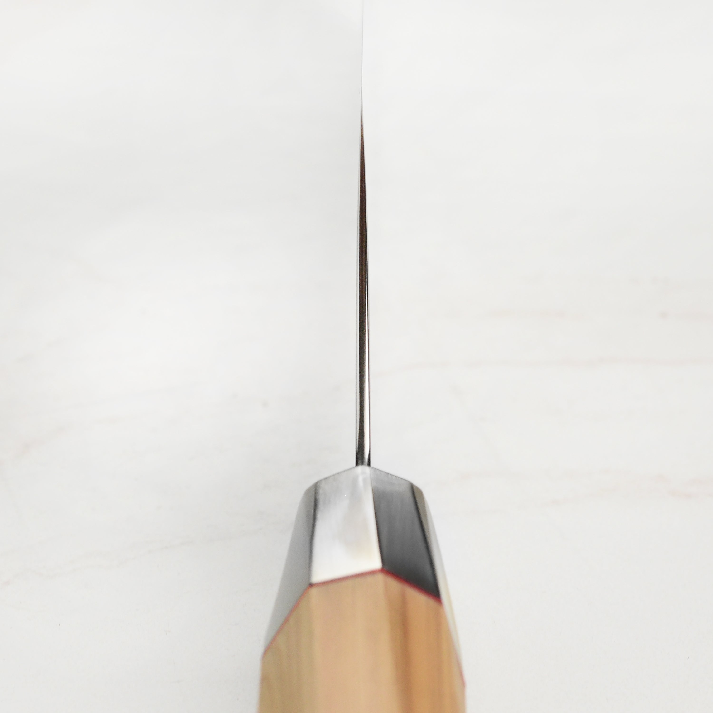 Aogami Steel Master Gyuto knife with twisted octagonal Hinoki wood handle, perfect for home cooking.