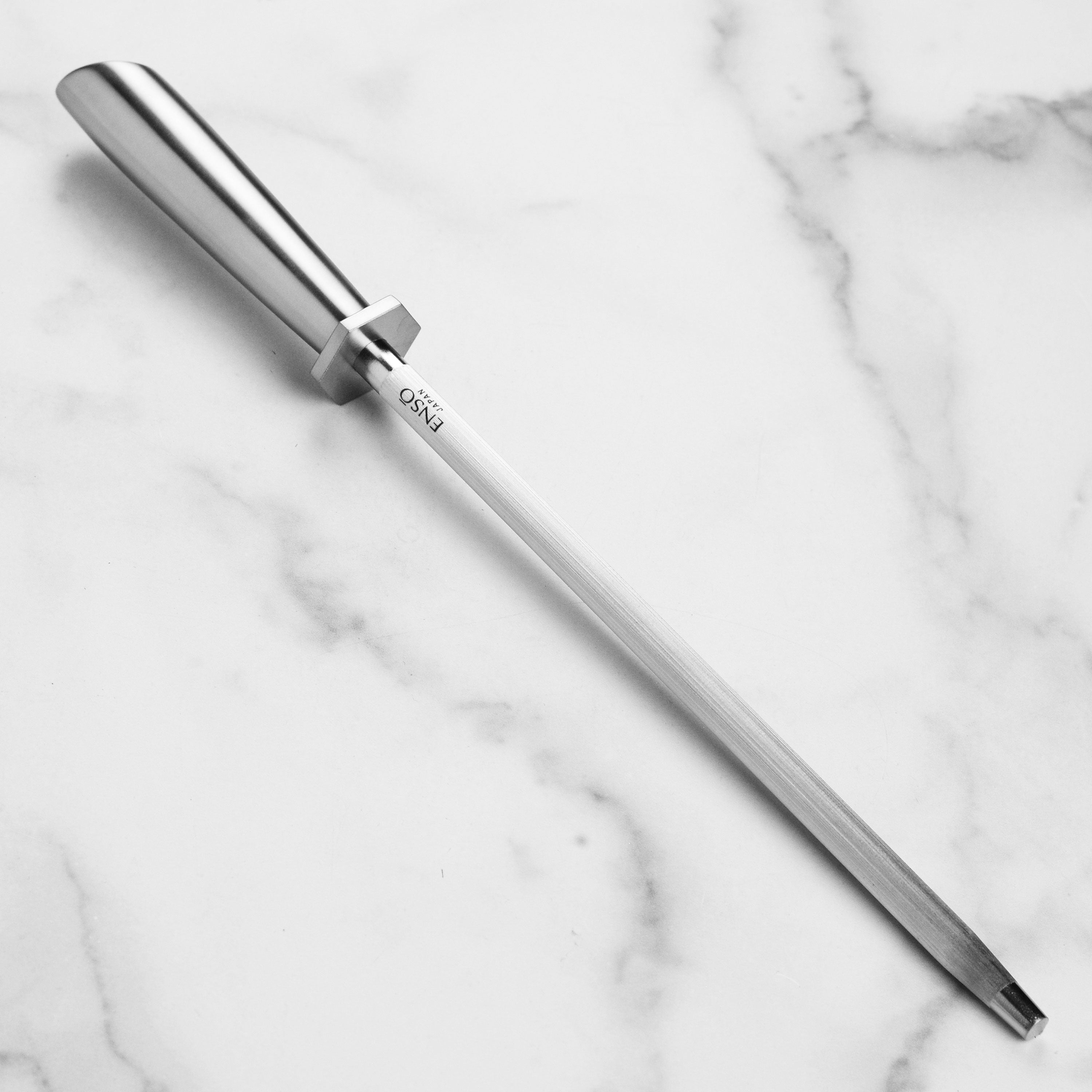 Close-up of Enso Precision 10-Inch Honing Steel with brushed stainless steel handle.
