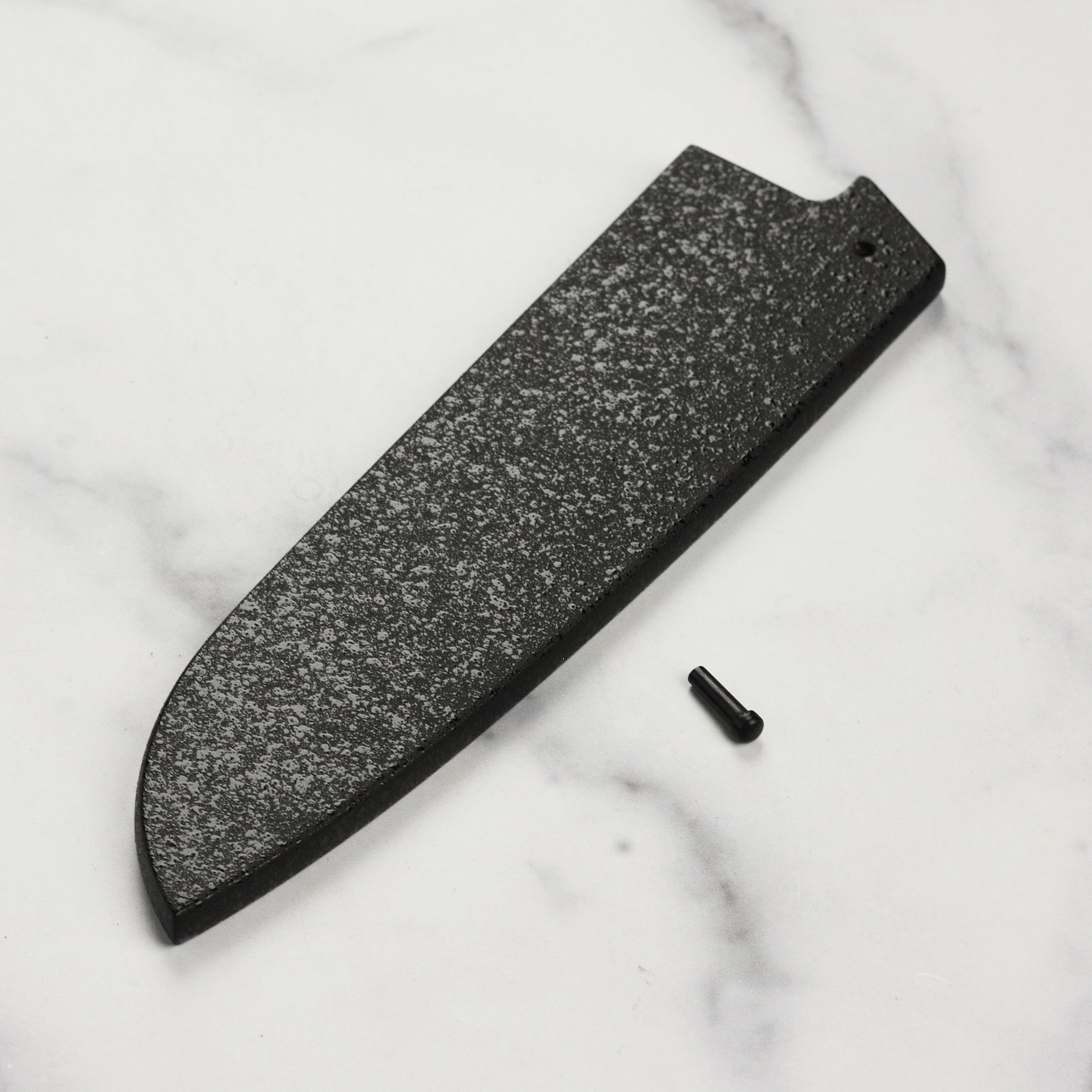 Open view of the Black Lacquer Saya with a 7" Santoku knife inside, demonstrating traditional Japanese craftsmanship.