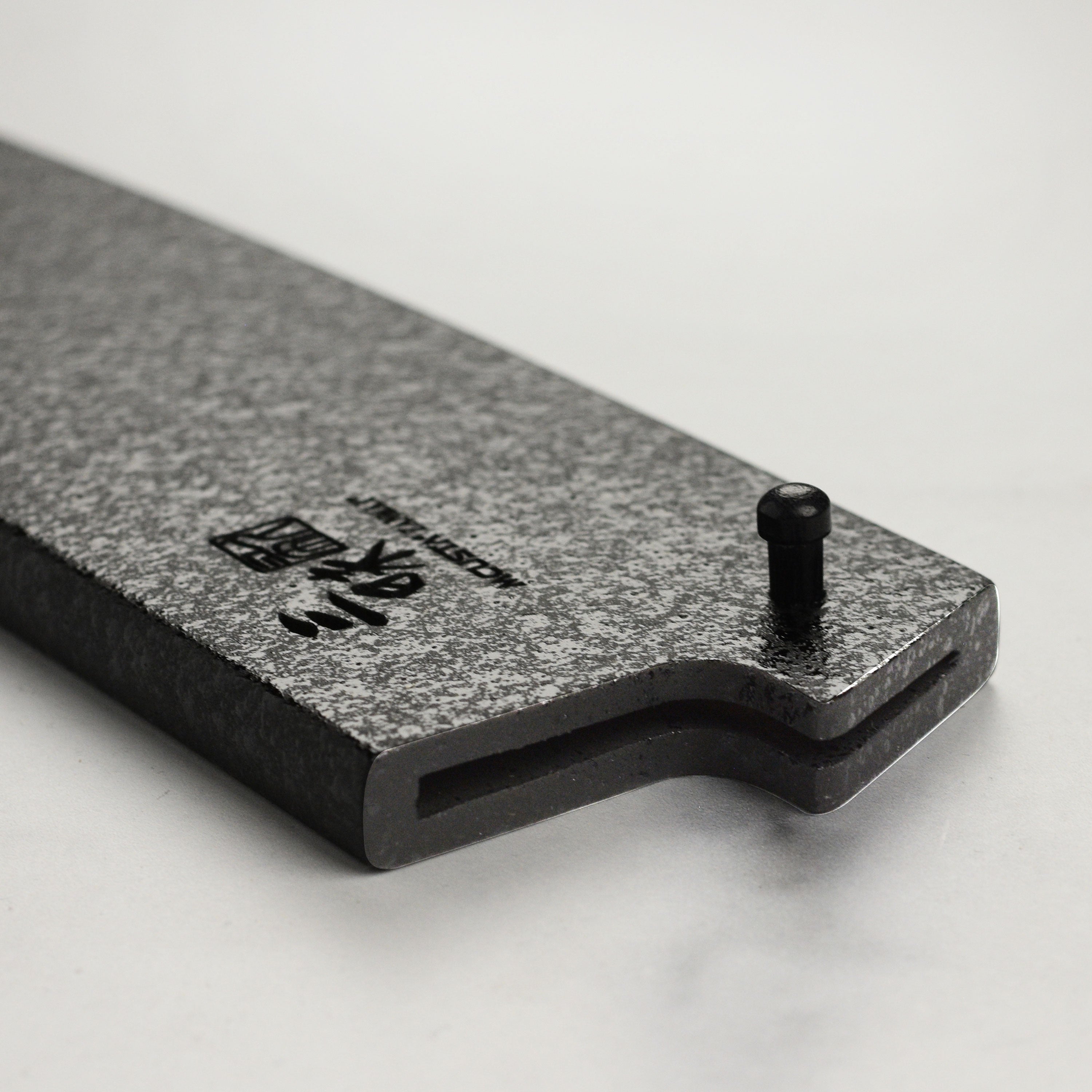 Open view of the Black Lacquer Saya with a 7" Santoku knife inside, demonstrating traditional Japanese craftsmanship.