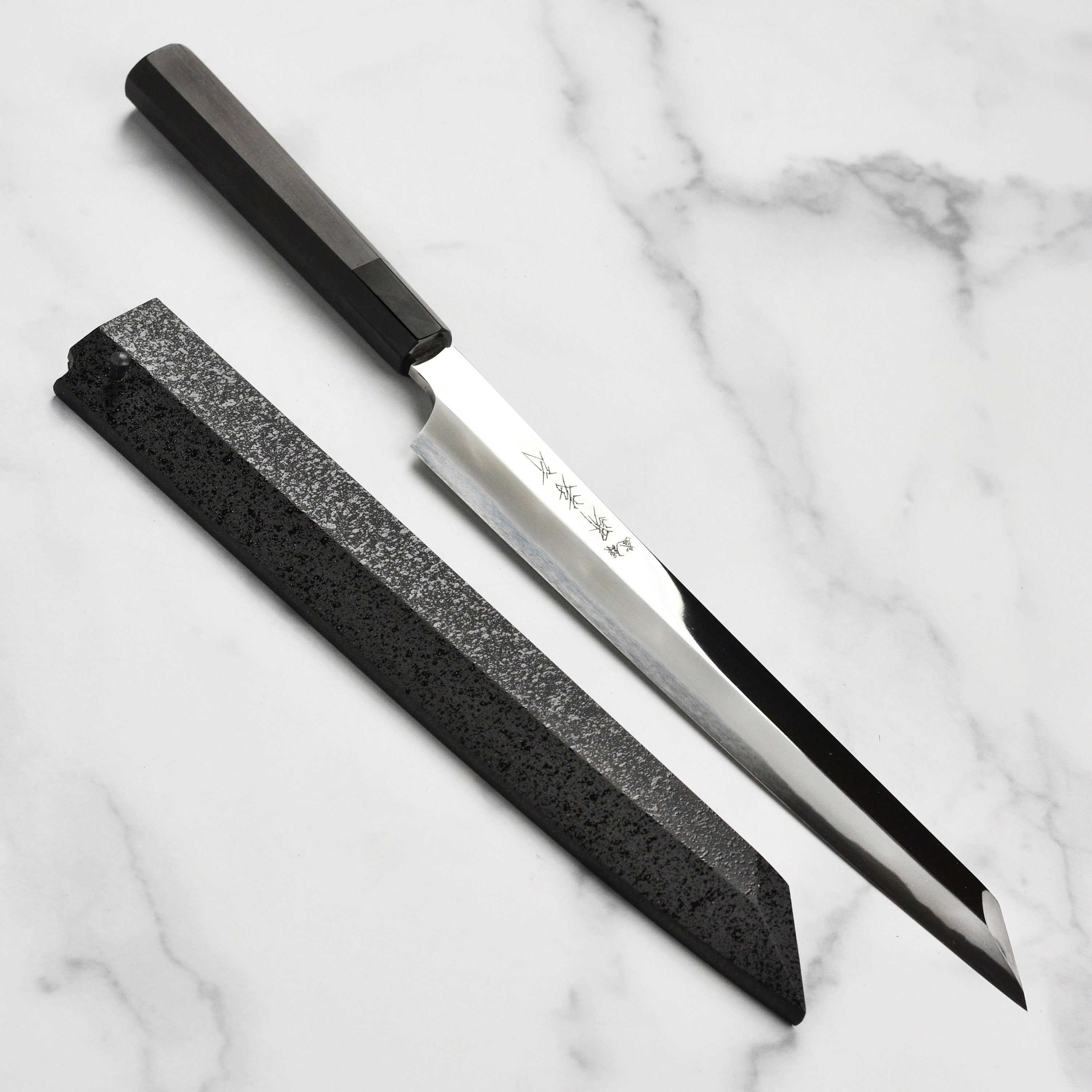 Takayuki Doi Aogami #2 yanagiba with saya and octagonal handle for sushi preparation