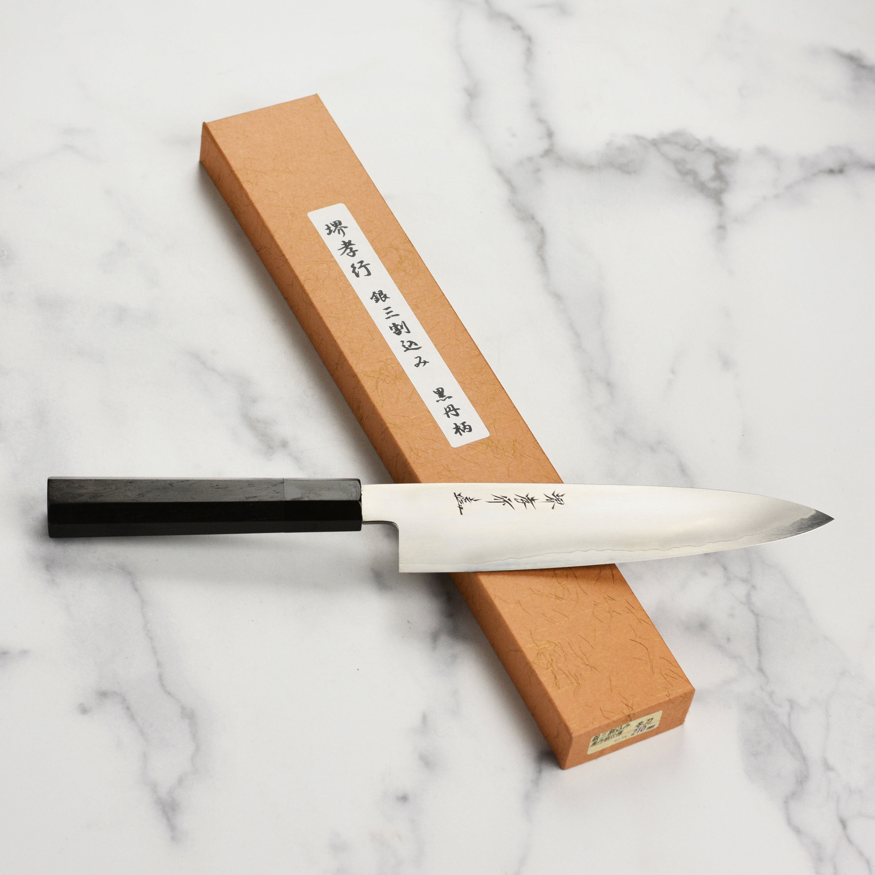 Hand-forged Takayuki Ginsan gyuto knife displayed with culinary ingredients.