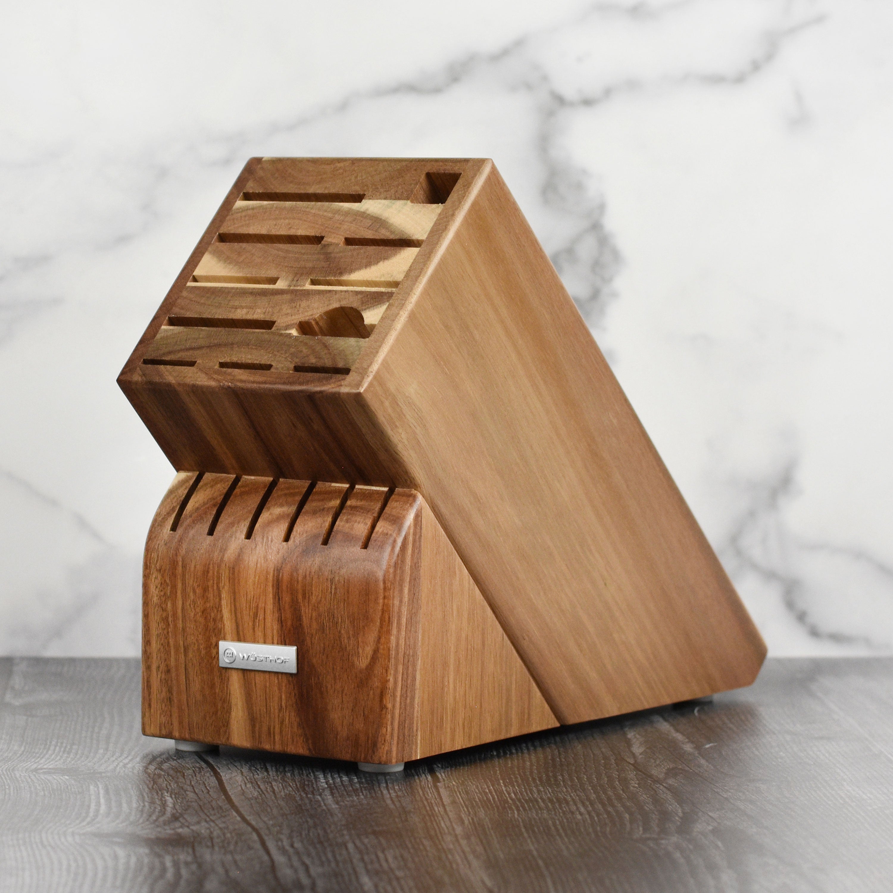 Wusthof Classic 9-Piece Knife Set with acacia block, displaying stainless steel blades and ergonomic handles.