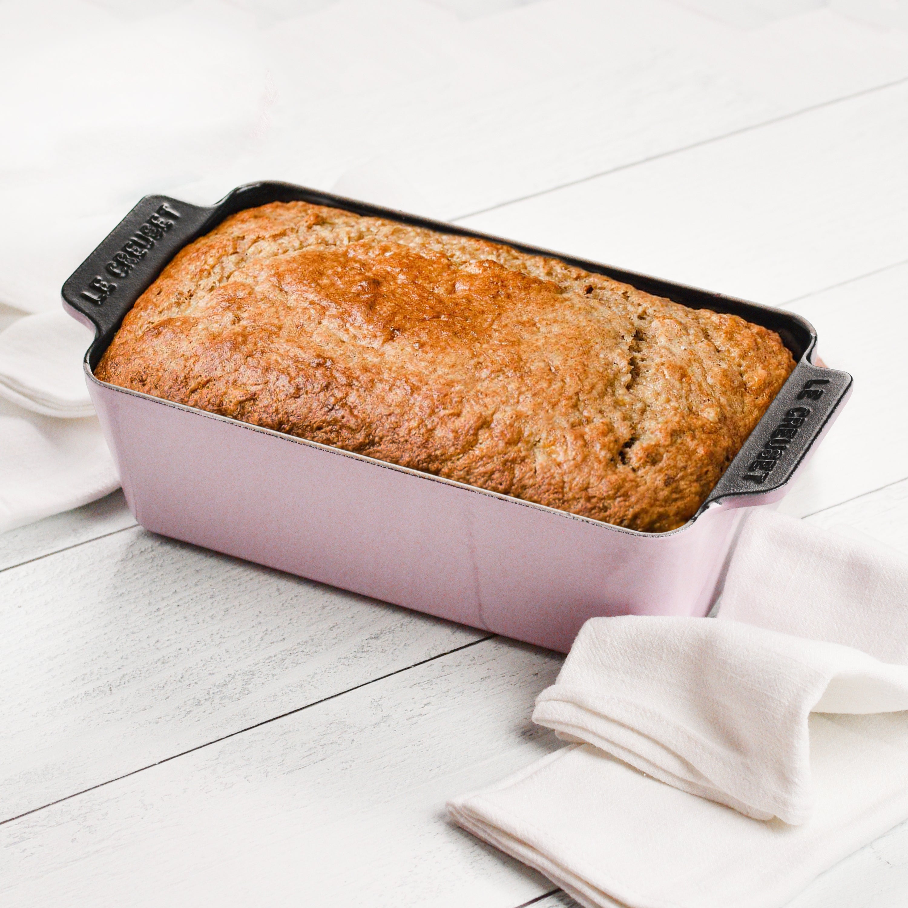 Close-up of the durable enameled surface of the Le Creuset loaf pan