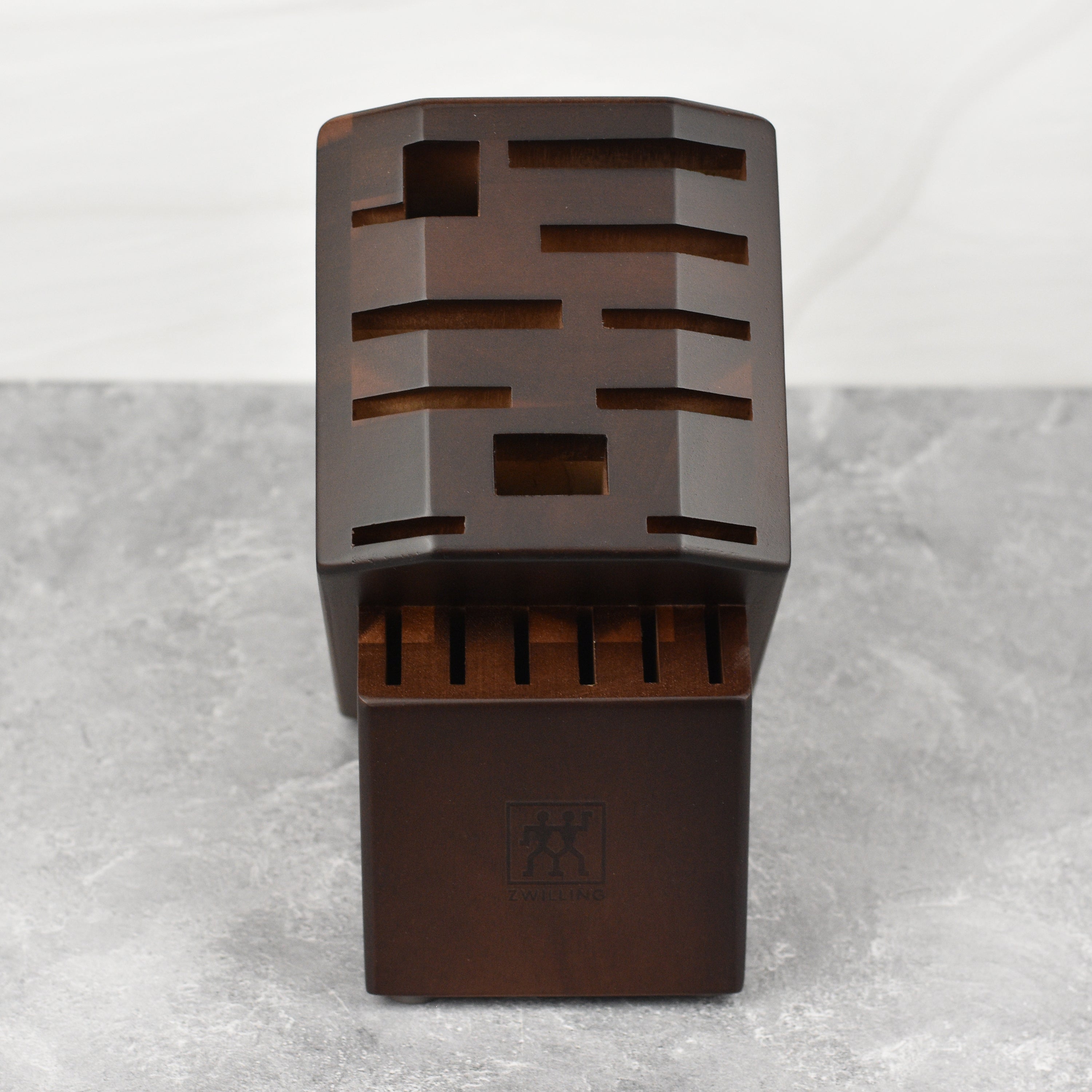 Knife block on a countertop, demonstrating its elegant design and functionality.