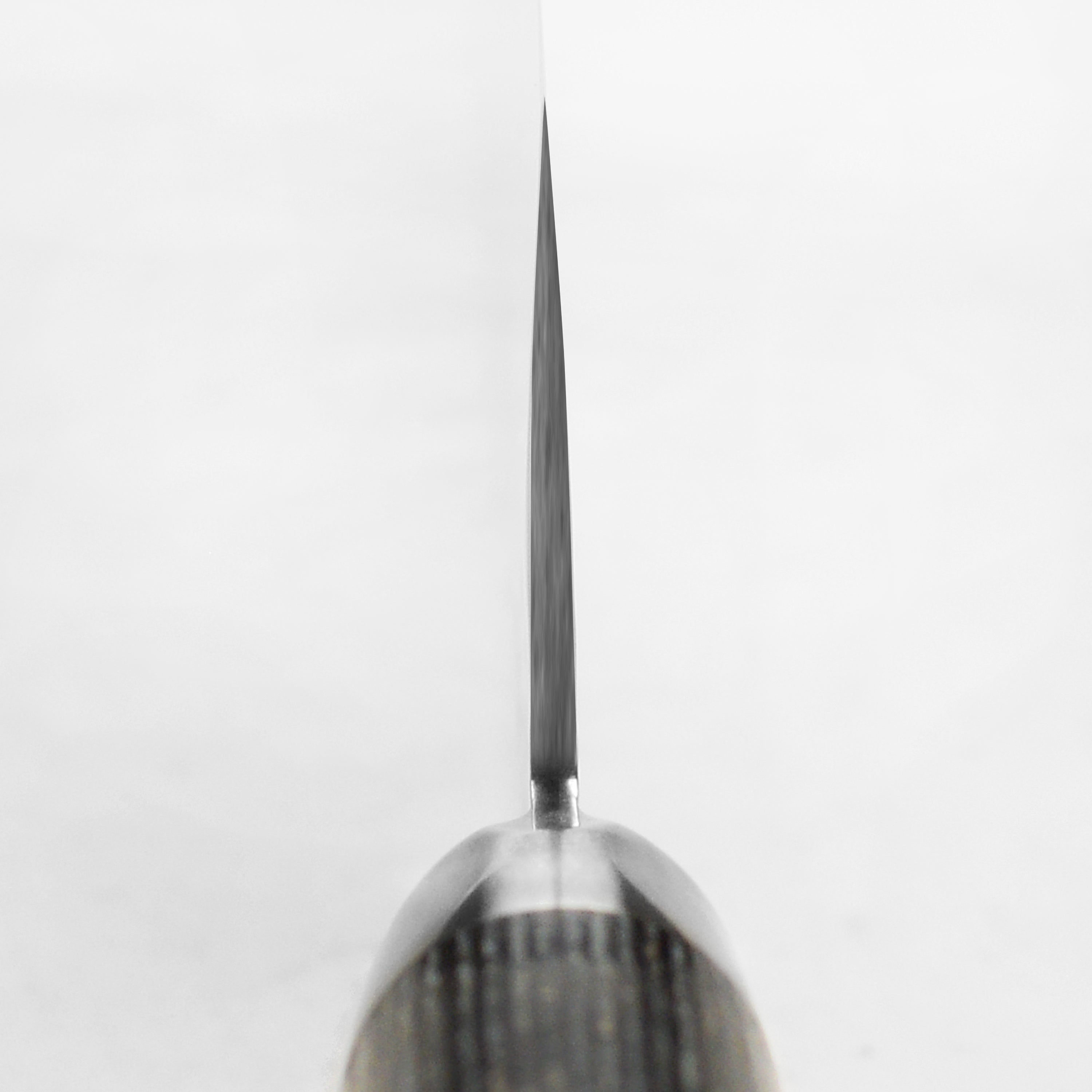 Close-up of hammered Japanese chef knives with black pakkawood handles
