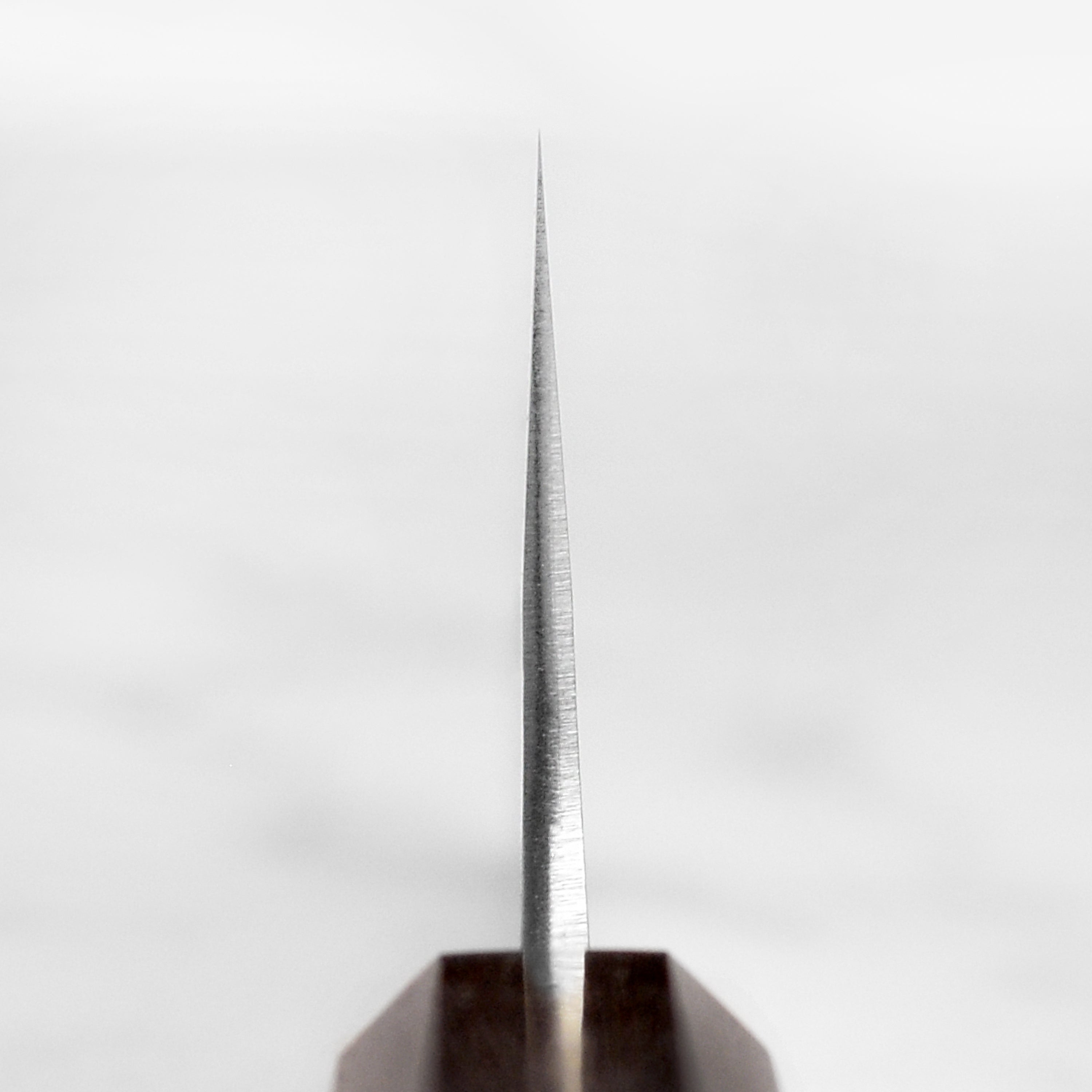 Yoshikane Shirogami Santoku knife blade close-up showing sharp cutting edge