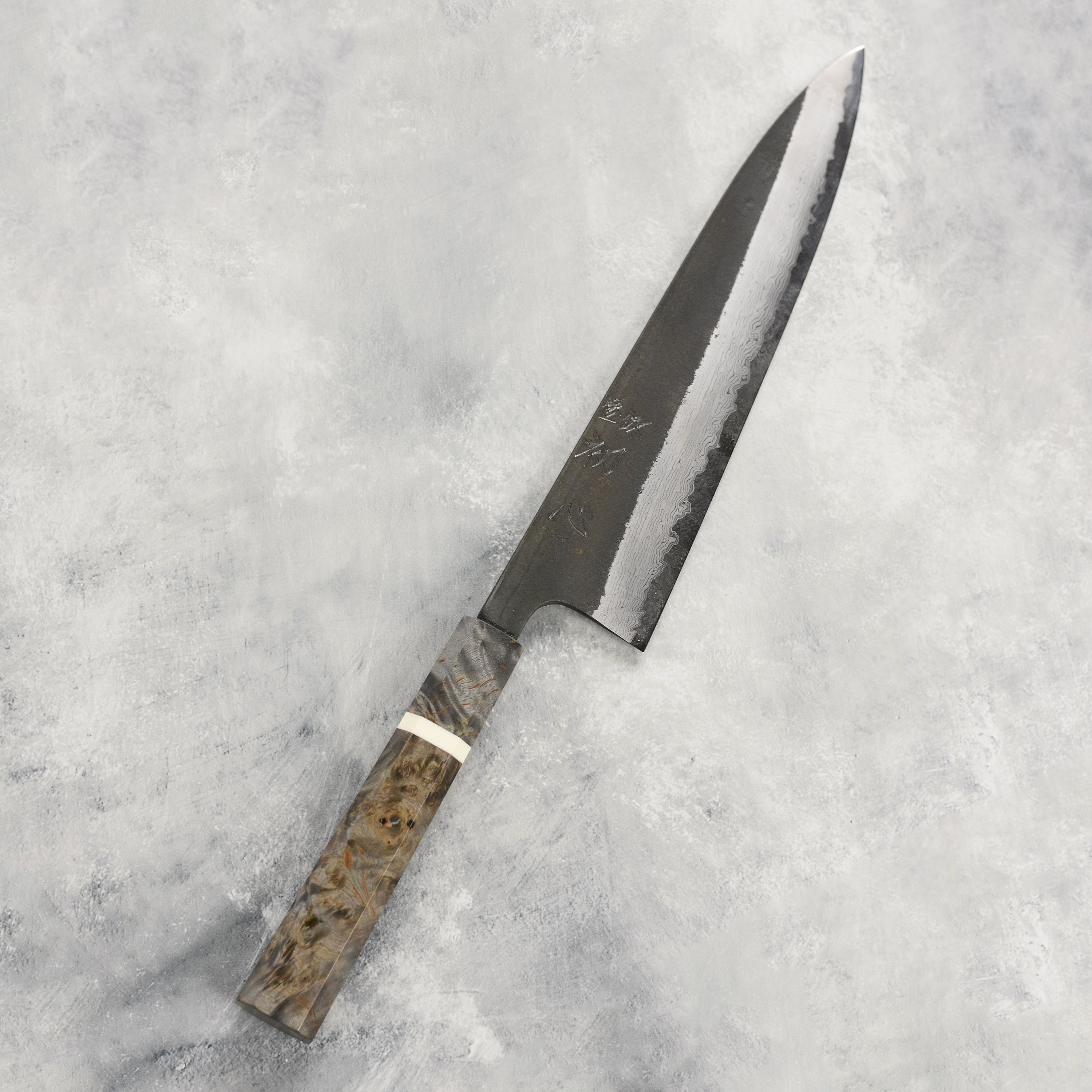 Close-up of the Damascus Blade of Hatsukokoro Gyuto Knife