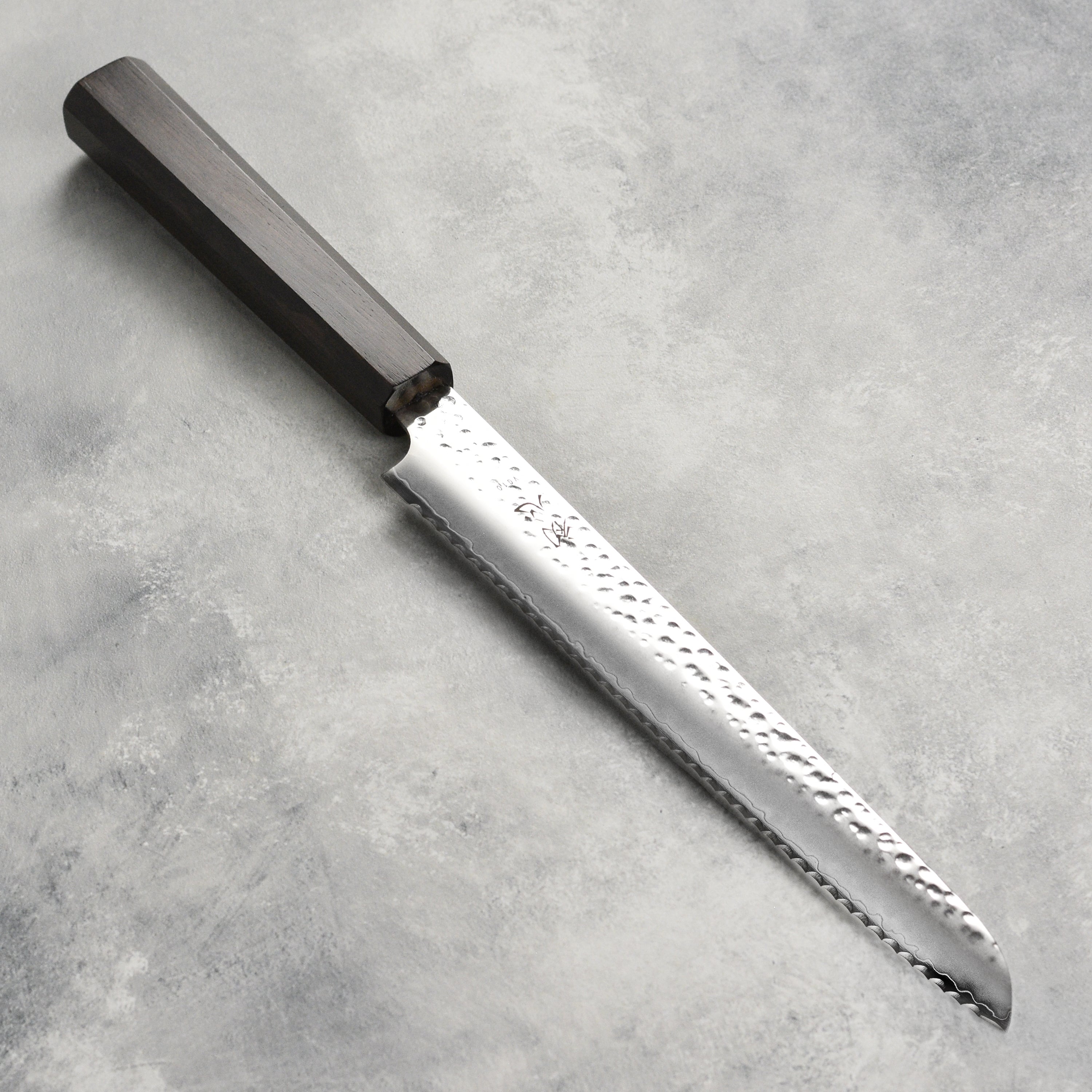 Hatsukokoro VG10 Japanese bread knife with textured tsuchime finish for precise slicing