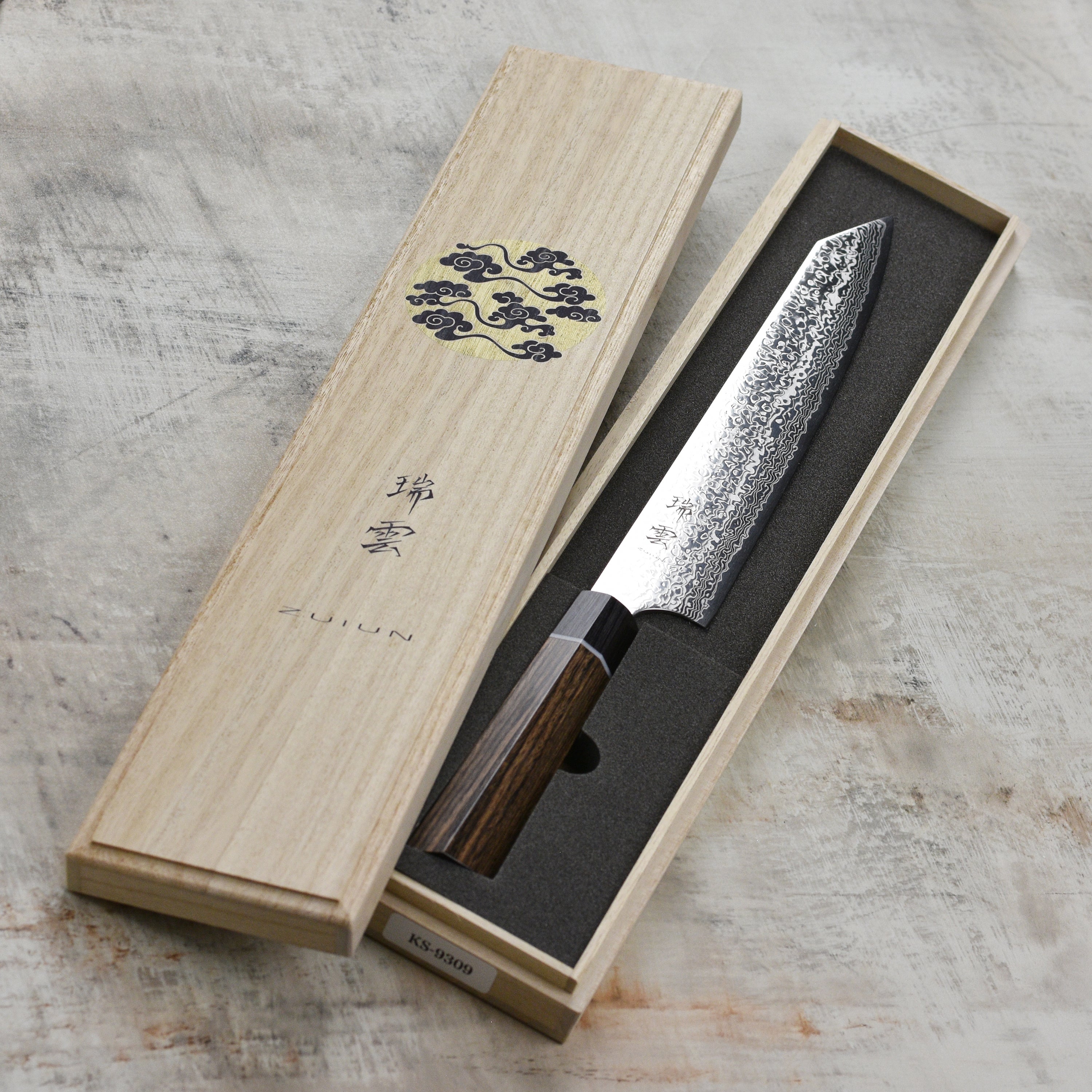 Seki Kanetsugu Zuiun SG2 Sujihiki Chef Knife viewed from the side, highlighting its blade sharpness.