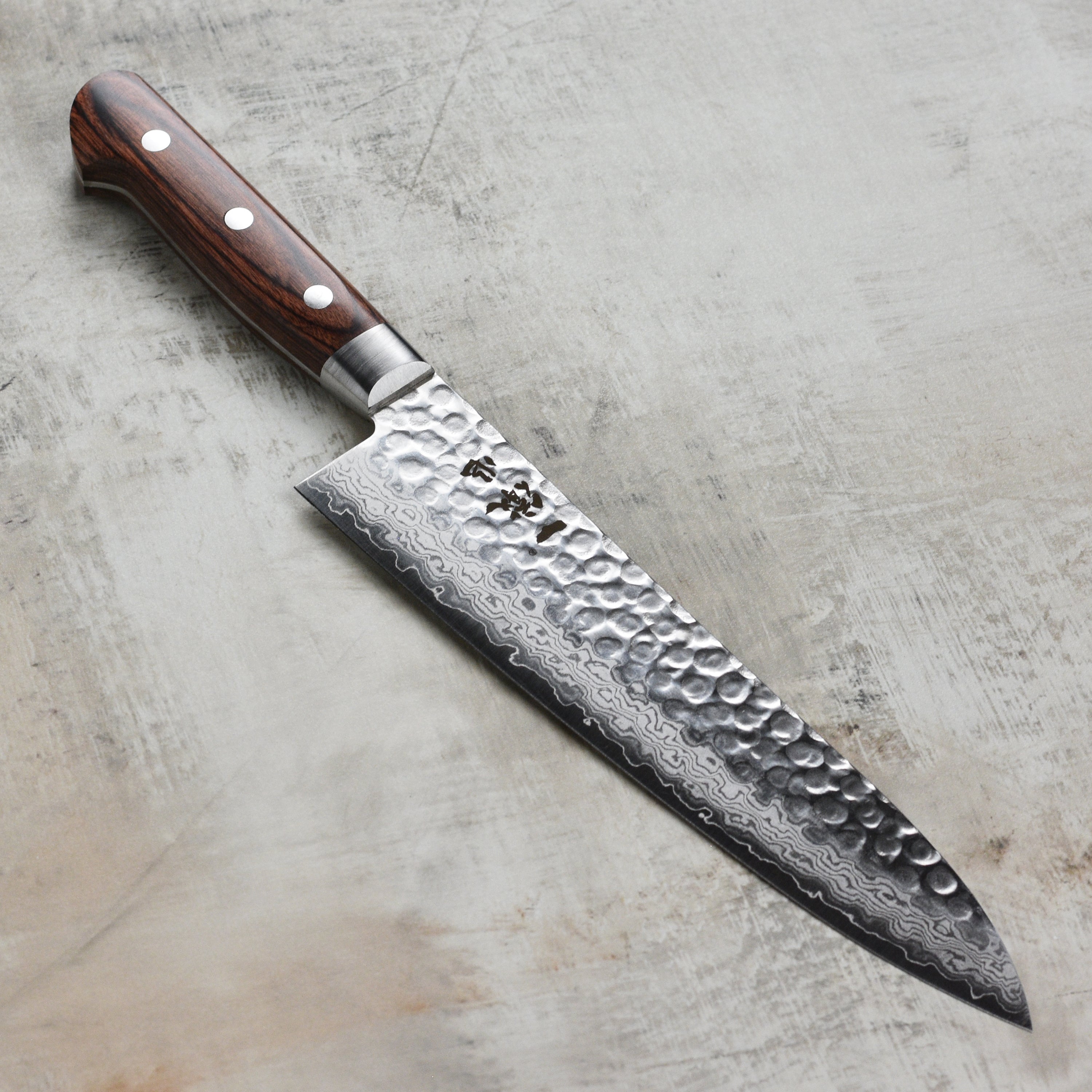 Ittetsu VG10 Hammered Damascus Chef Knife showcasing the blade's detail and craftsmanship.