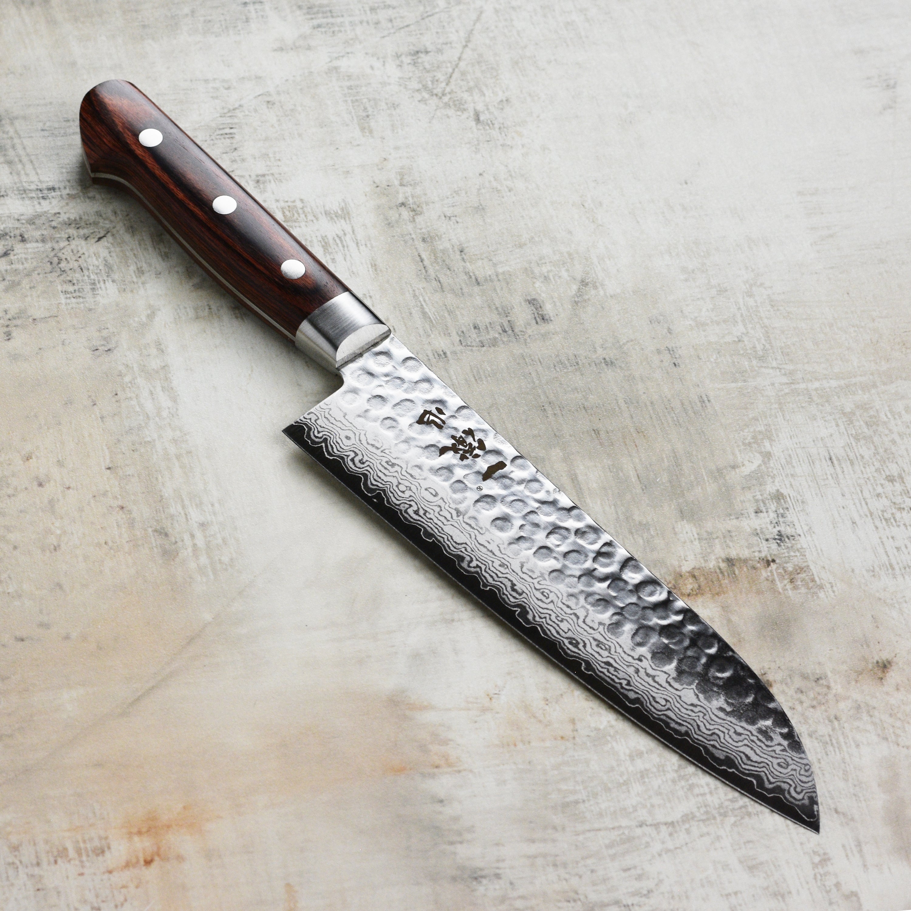 Ittetsu VG10 Hammered Damascus Santoku Knife showing the blade's fine craftsmanship and hammered texture.