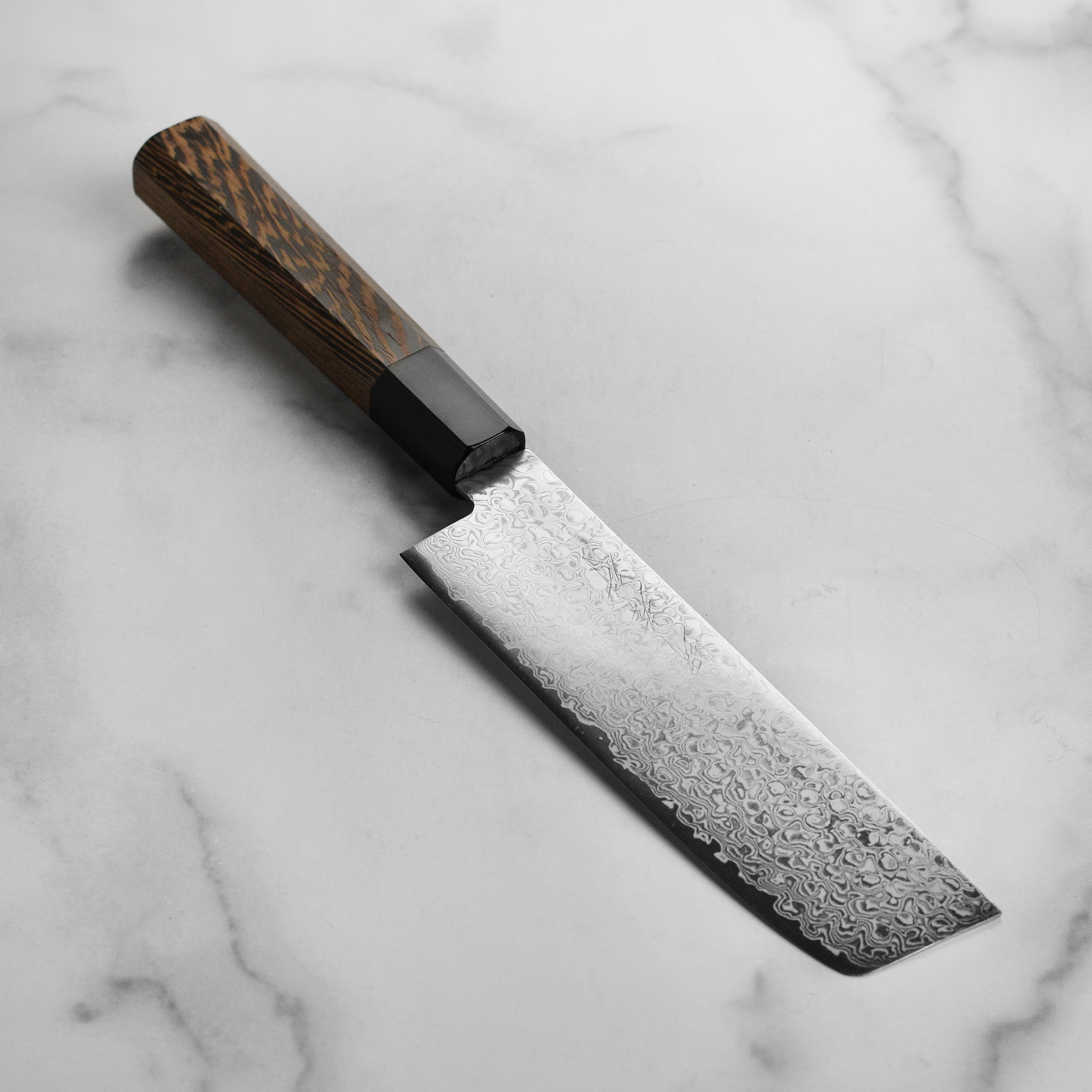 Takayuki Ginga Damascus Nakiri knife showcasing the mirror finish and blade detail.