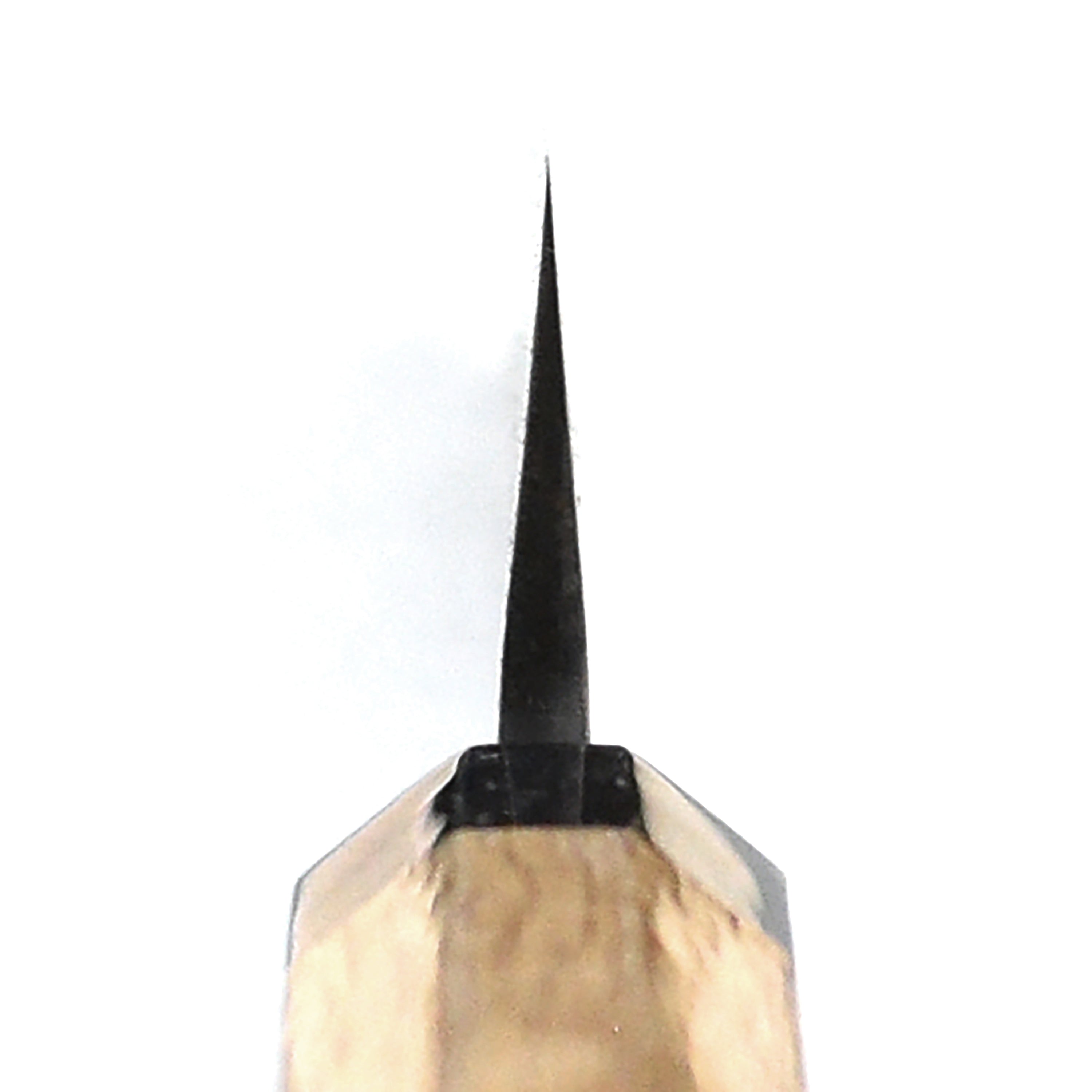 Elegant Hinoura Damascus sujihiki resting on a wooden cutting board
