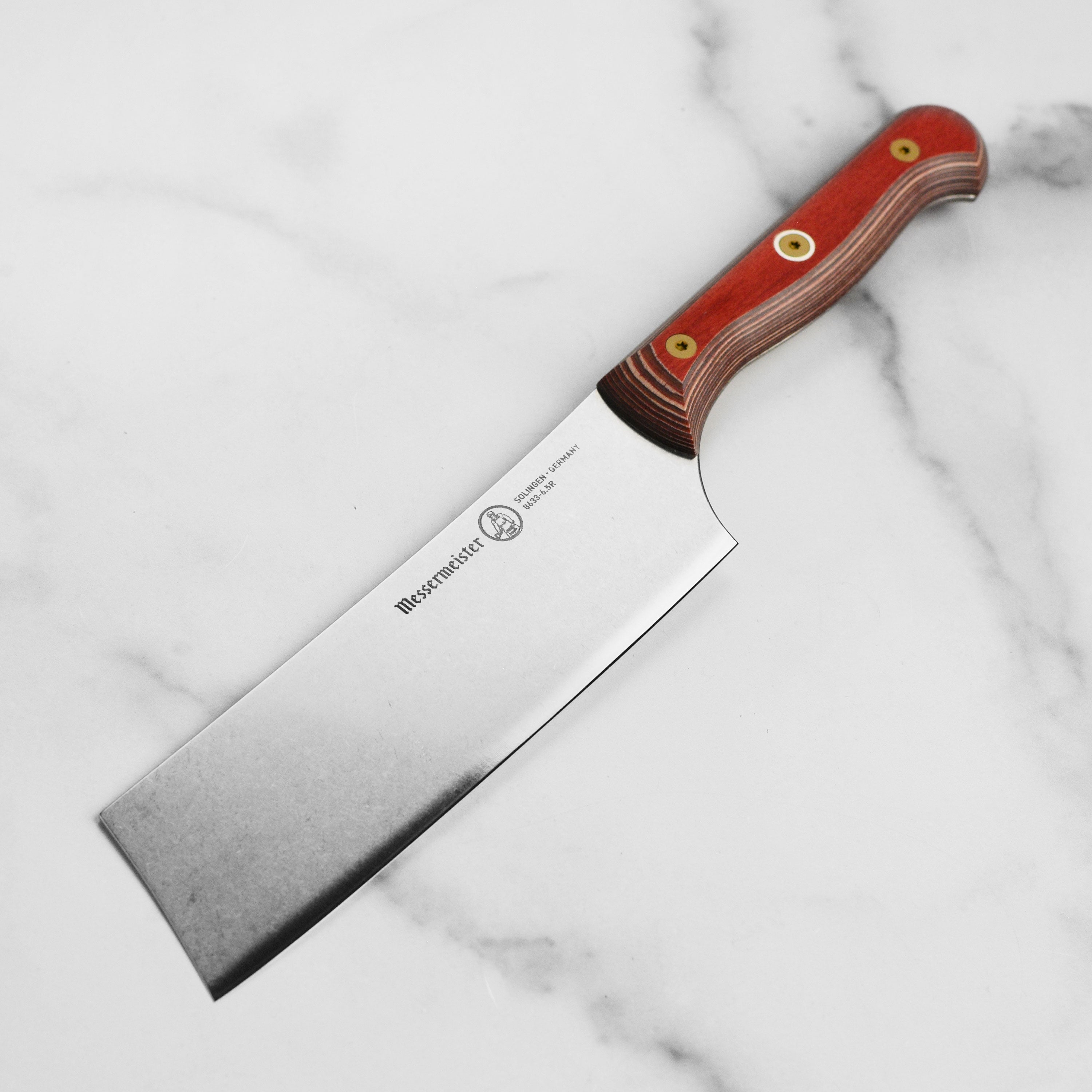 Messermeister nakiri knife blade detail for precise vegetable cuts