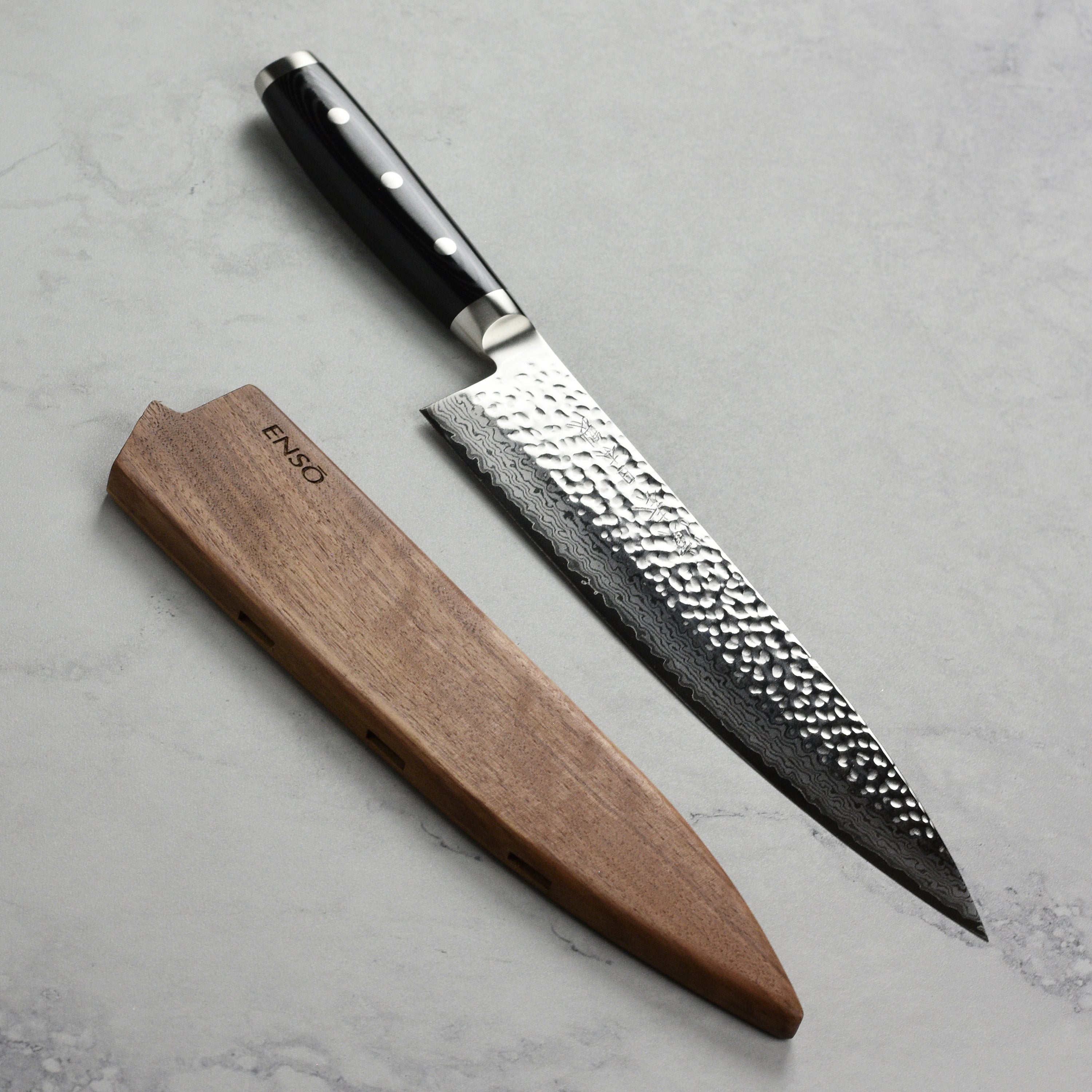 Front view of the premium walnut magnetic knife sheath for 9.5 inch chef knife, showcasing its sleek design and strong magnets.