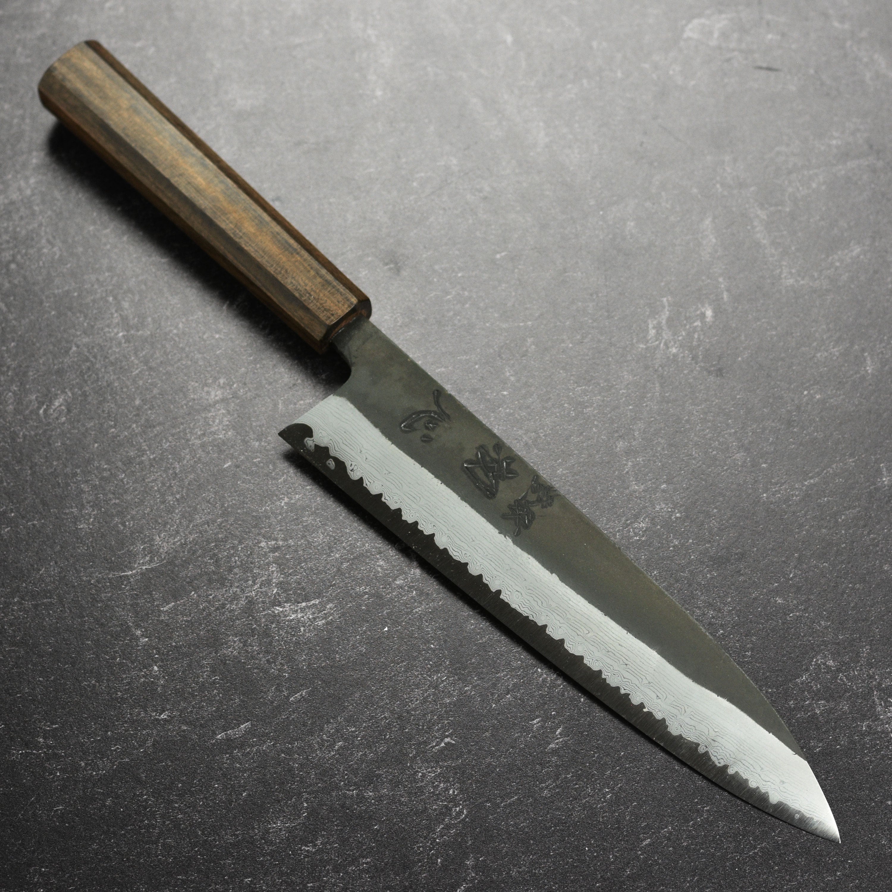 Front view of Hatsukokoro Shinkiro Aogami Super Damascus gyuto with bubinga handle, perfect for slicing and dicing